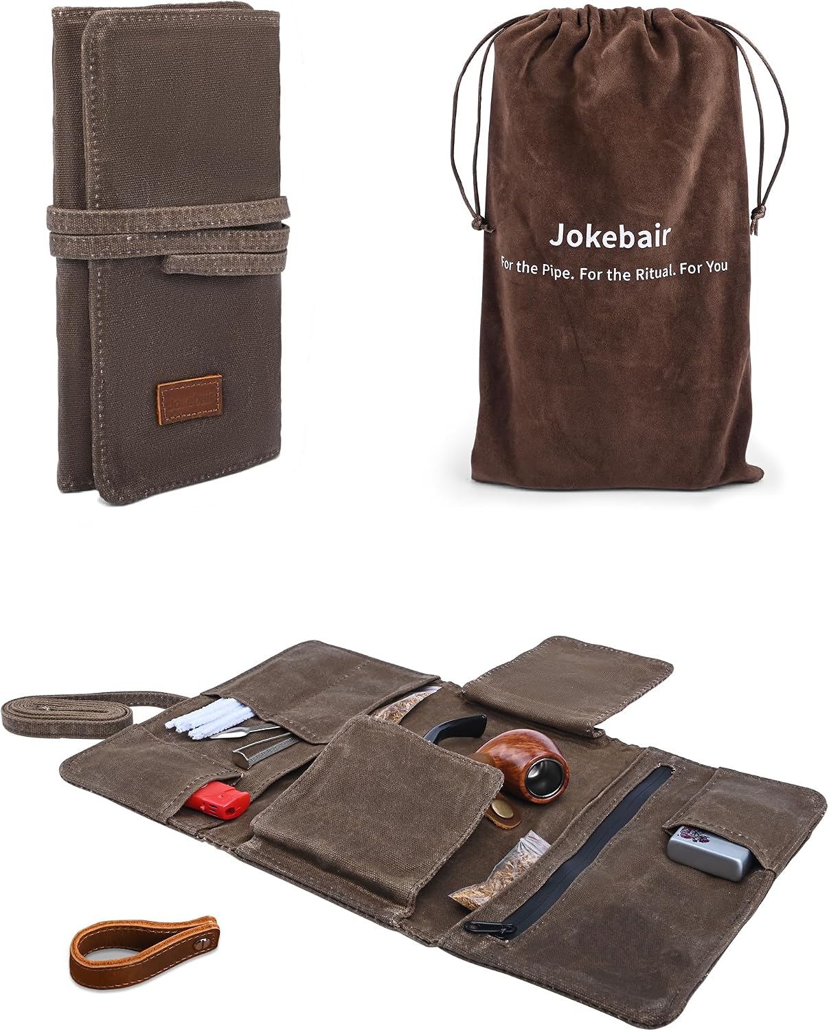 Large Tobacco Pipe Pouch for 2 Pipes & 2 lighters, Vintage Waxed Canvas Tobacco Pipe Smell Proof Bag with Pipe Cleaners & Tobacco Pipe Accessories & Leather Pipe Stand, for Travel, Xmas Gift