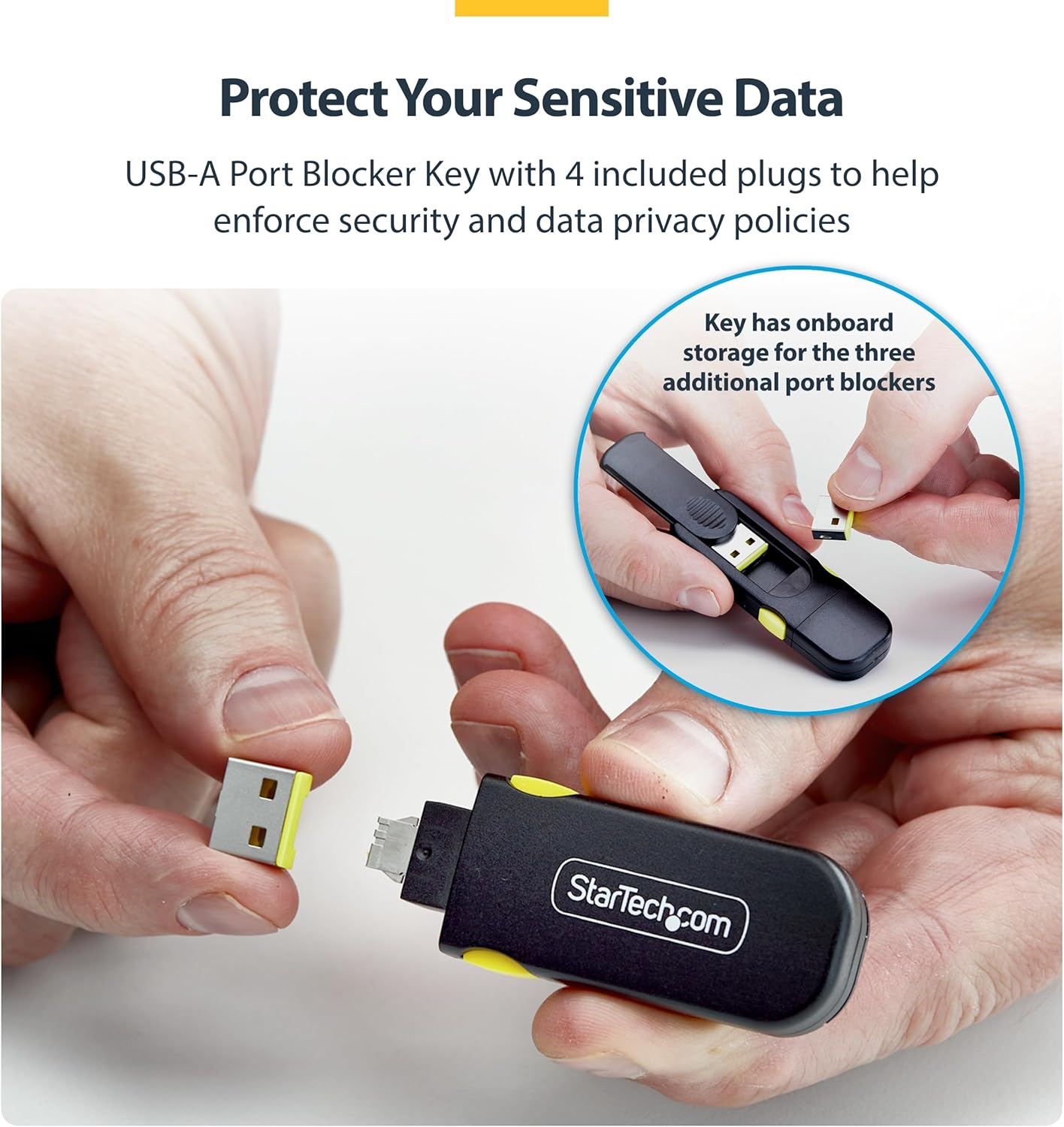 StarTech USB-A Port Blocker Key with 4X Latching USB-A Dust Cover Plugs, Snap-in Port Protectors for Laptops and Computers