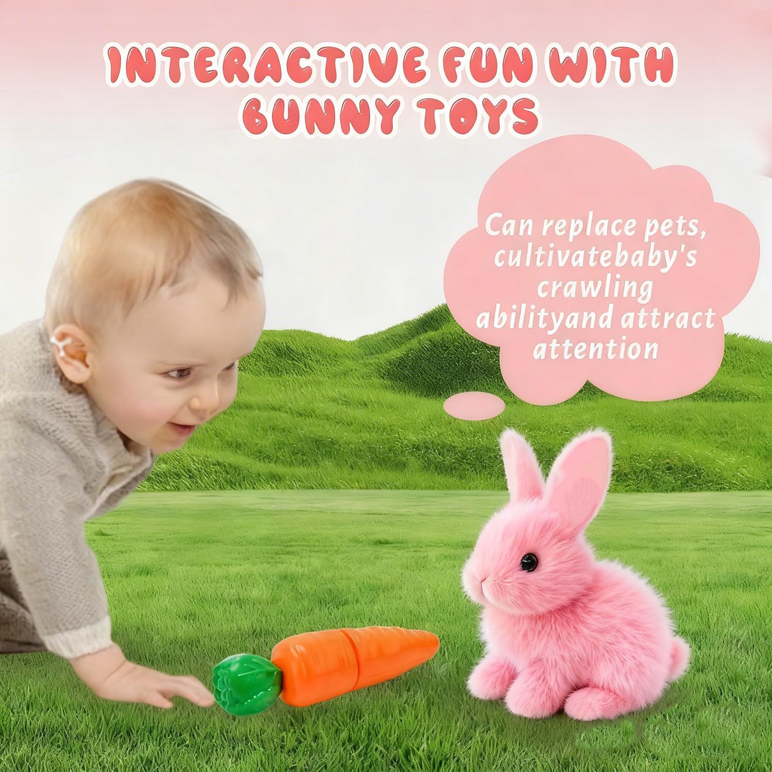 Easter Bunny Toy, Rabbit Interactive Hopping Electronic Pet Plush Bunny Toy with Sounds and Movements Animated Walking Wiggle Ears Twitch Nose (Pink)