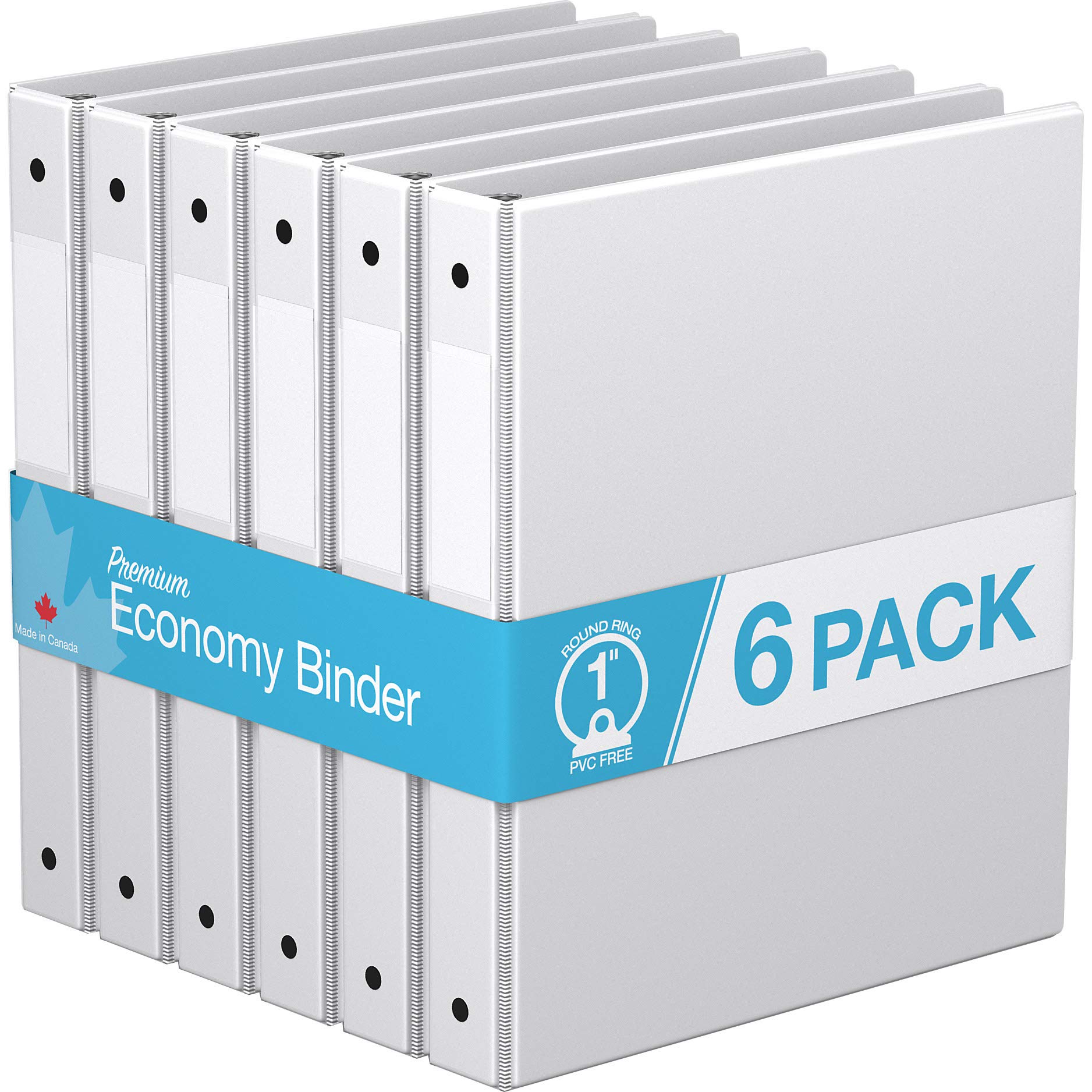 Premium Economy 1-Inch Binder, 3-Ring Binder for School, Office, or Home, Colored Binder Notebook, Pack of 6, Round Ring, White