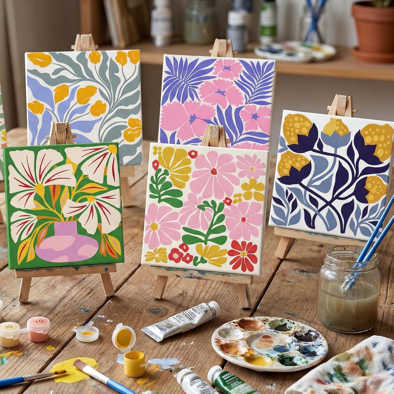YooNotee 6 Pack Flowers Paint by Numbers Kit on Canvas with Wooden Easels & Brushes, 8x8 Inch Canvas Art Set for Adults DIY Flowers Acrylic Painting for Home Wall Decor