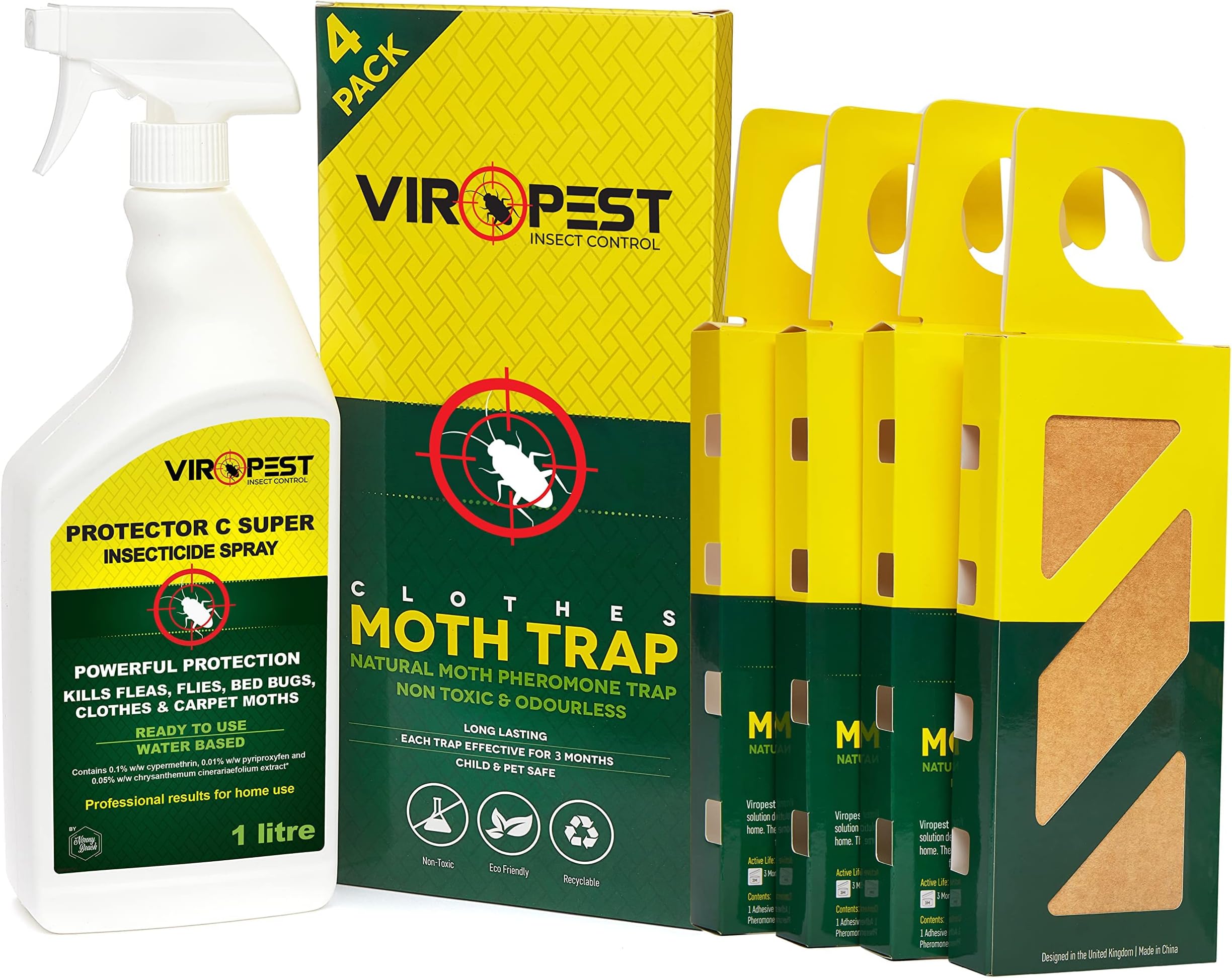 Carpet & Clothes Moth Killer Kit - HSE Approved 'Protector C' Moth Killer Spray (1 Litre) for carpets, rugs, curtains & furnishings + Moth Traps (4 Pack) for CLOTHES, CARPETS, WARDROBES & DRAWERS