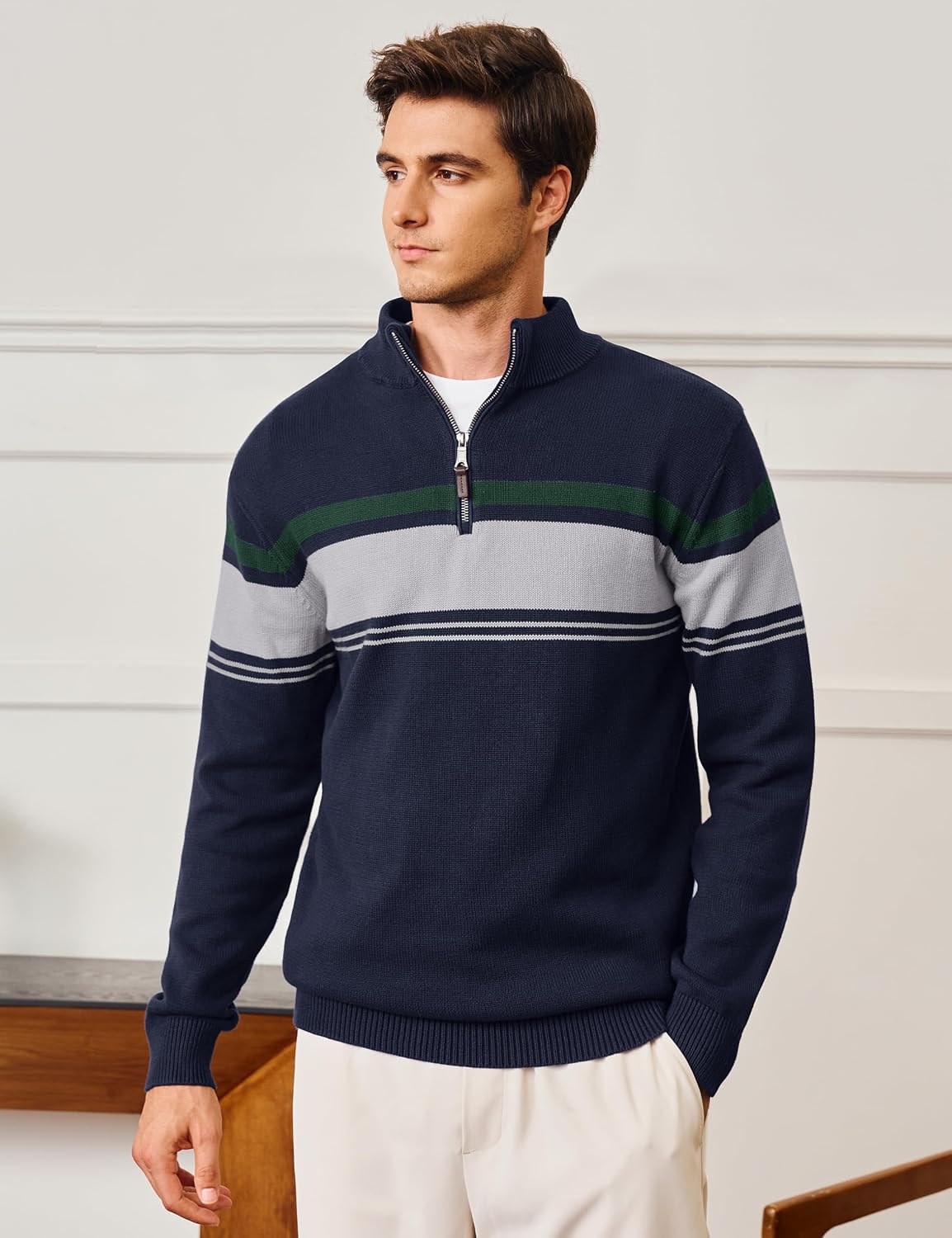 CRYSULLY Mens Sweater 1/4 Zip Cotton Pullover Knitted Striped Warm Casual