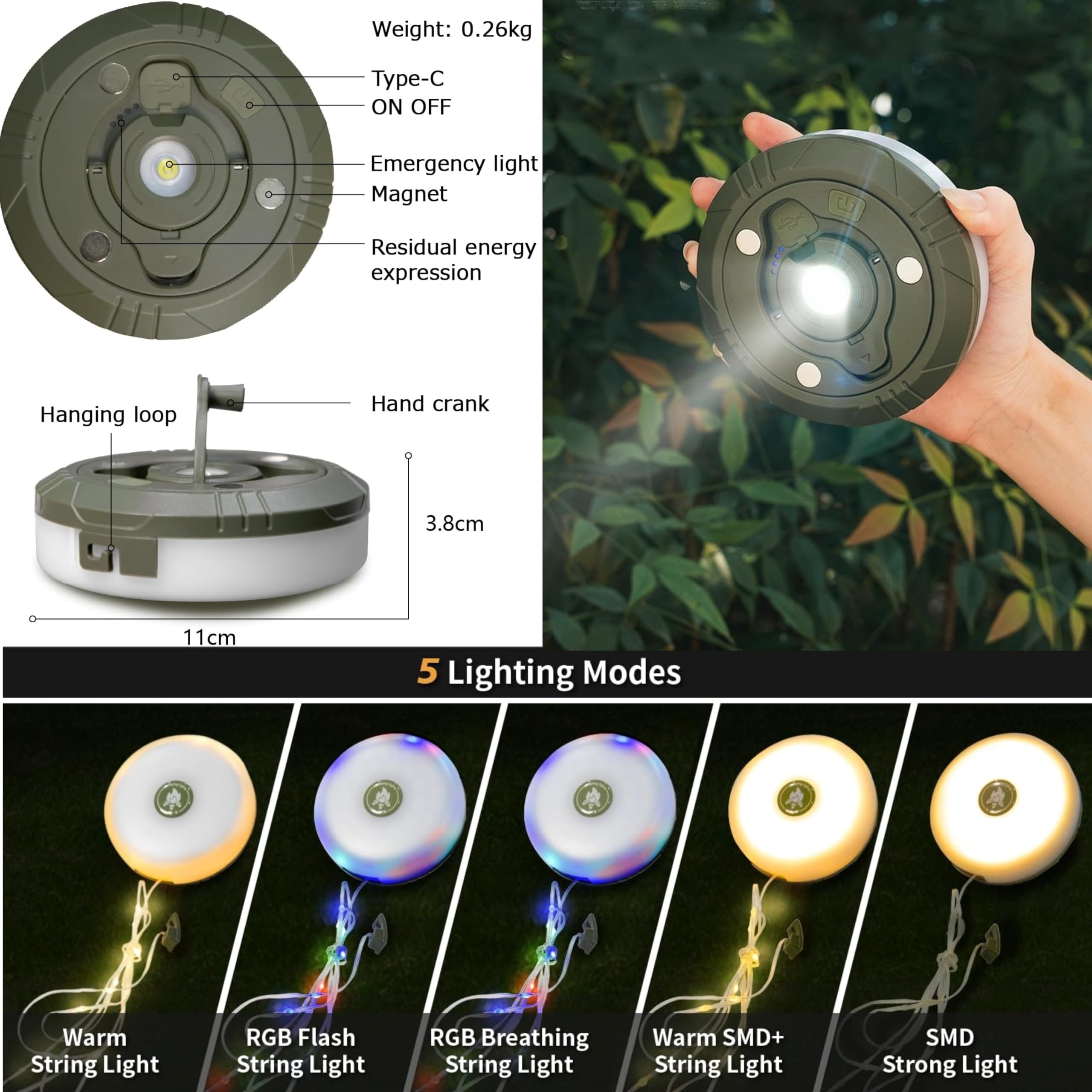 Camping-Lichterkette, einziehbar, wasserdicht, hell, 4-in-1-Zeltlichter mit 8 Modi, 10 m, LED-Lampe für Campingbedarf, Urlaubsdekoration