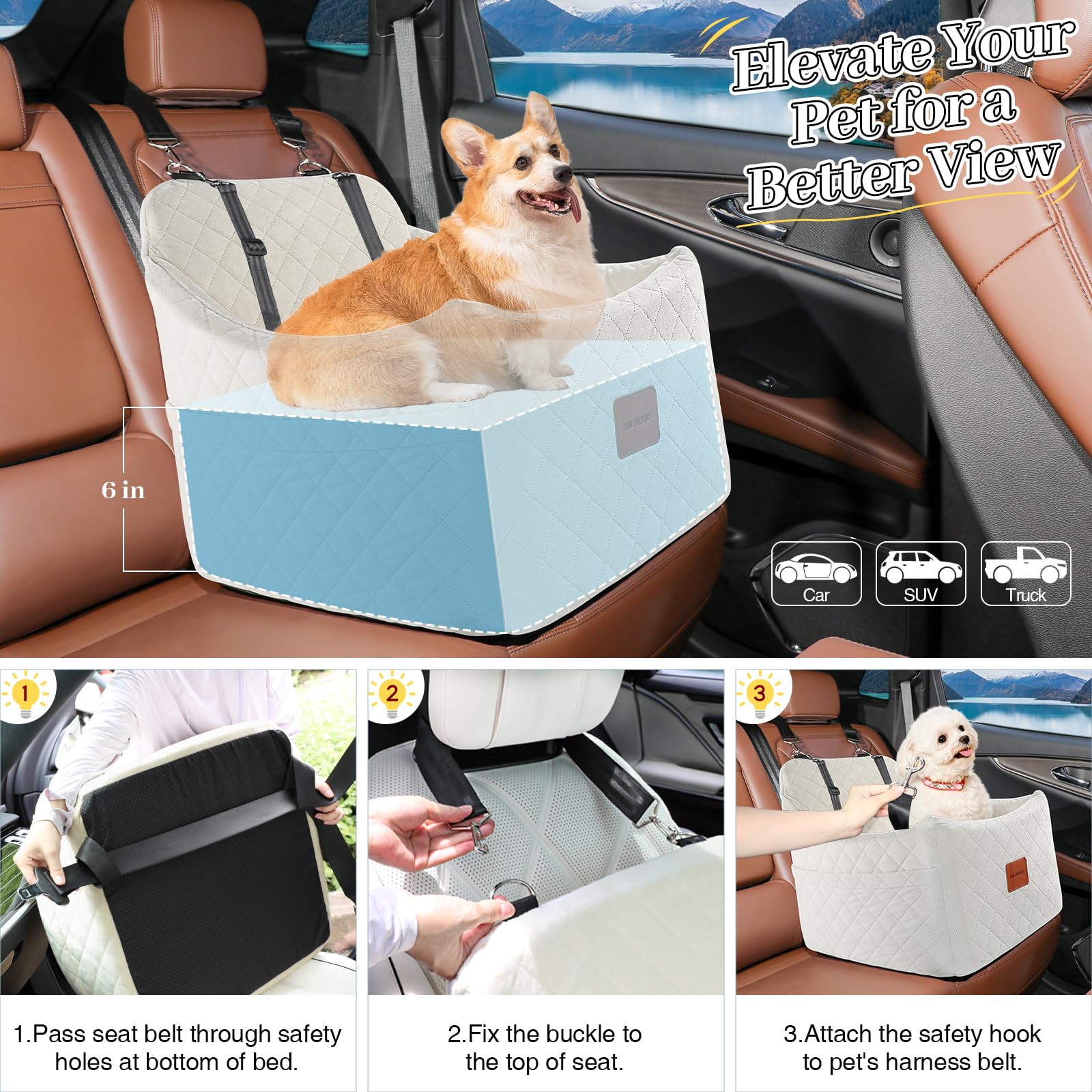 Asiento de coche para perros pequeños/medianos, durabilidad y apoyo, asiento de coche para mascotas de varias esponjas completas, vista de Google en viaje para perro de cama elevadora, lavable