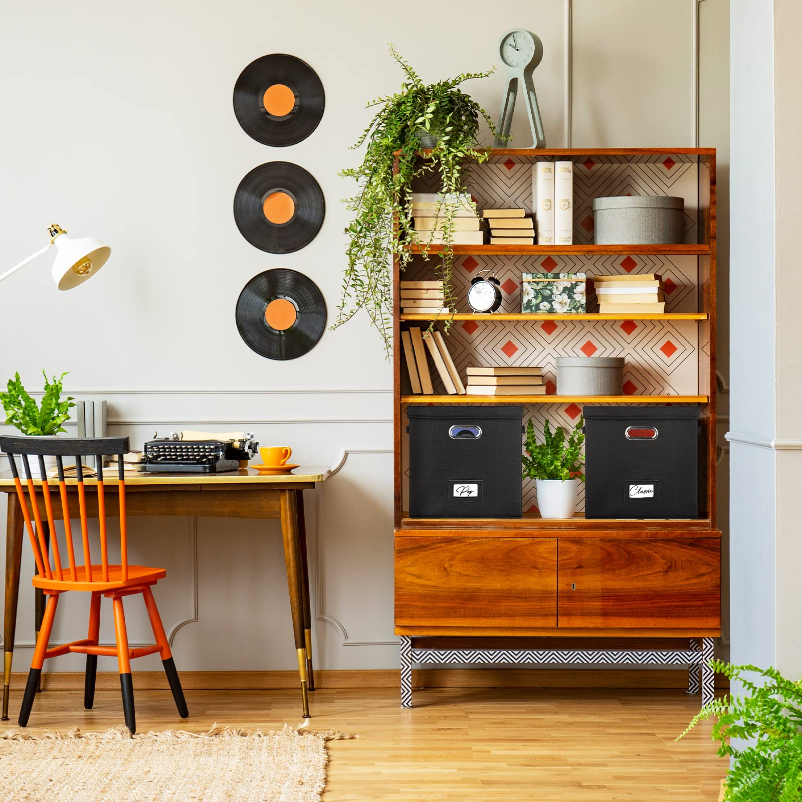 Woodoulogy Scatola nera in lino per LP in vinile, impilabile con coperchio e maniglia – Capacità 50+ dischi, organizer per album e documenti