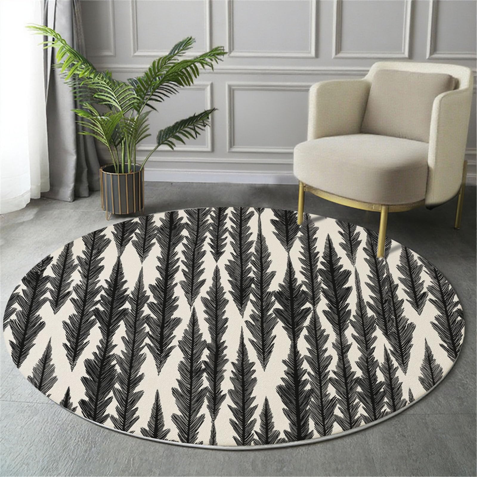 Tapis rond antidérapant 120cm noir et blanc au design géométrique minimaliste