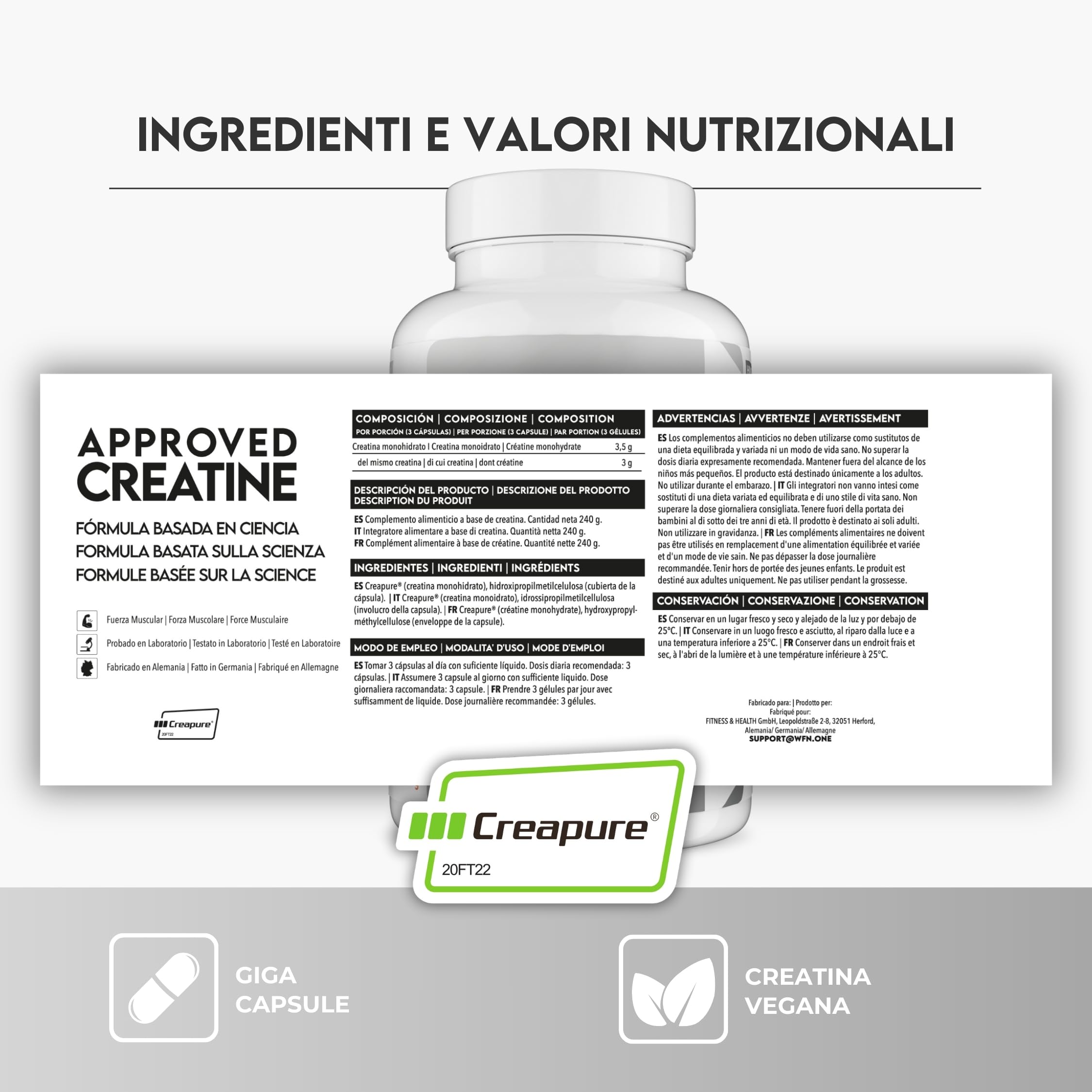 WFN Approved Creatine Caps - Creapure - 180 Capsule di creatina - Giga Caps ad alta dose - Pura creatina monoidrato - Vegano - 60 Porzioni - Prodotto in Germania - Testato in laboratorio esterno
