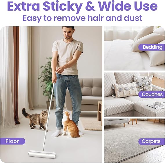 DELOMO 14.17” Large Lint Roller for Pet Hair, Long Handle for Floor, Carpet | 45” Long Lint Roller, 360 Extra Sticky Sheets, No-Bend Cleaning for Couches, Bedding, Car Seats, Rugs and Furniture