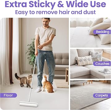 DELOMO 14.17” Large Lint Roller for Pet Hair, Long Handle for Floor, Carpet | 45” Long Lint Roller, 360 Extra Sticky Sheets, No-Bend Cleaning for Couches, Bedding, Car Seats, Rugs and Furniture