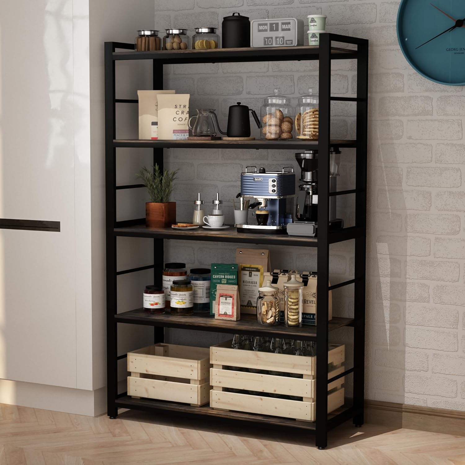 Kitchen Bakers Rack,5 Tier Utility Storage Shelf with 5 Hooks,Microwave Oven Stand with Shelves,Multifunctional Shelf for Kitchen,Bathroom,Livingroom,Storehouse...