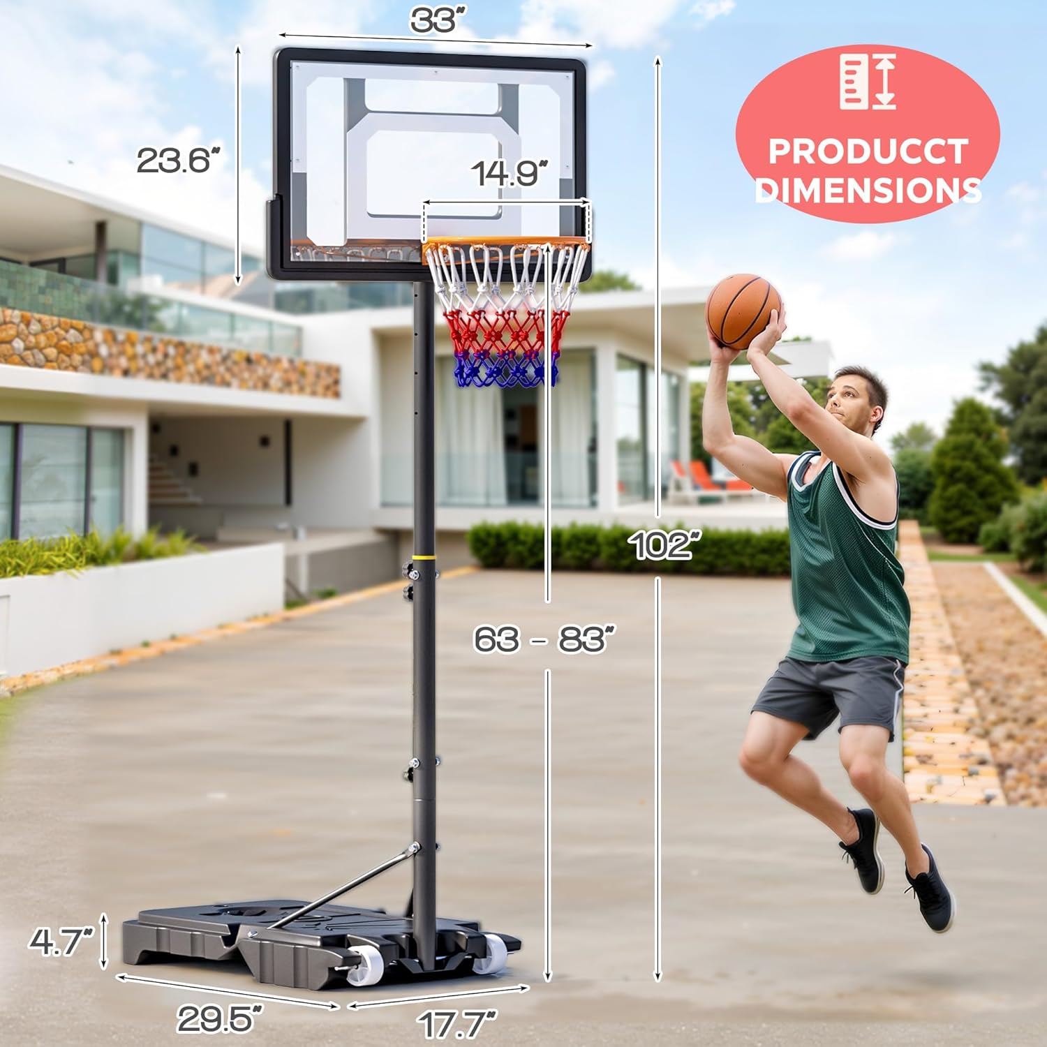 SogesHome Adjustable Height Basketball Hoop Stand 5.1ft-8.5ft, Portable Indoor & Outdoor Basketball Goal System for Teens & Adults with 33 Inch PC Backboard and Wheels in The Backyard, Driveway