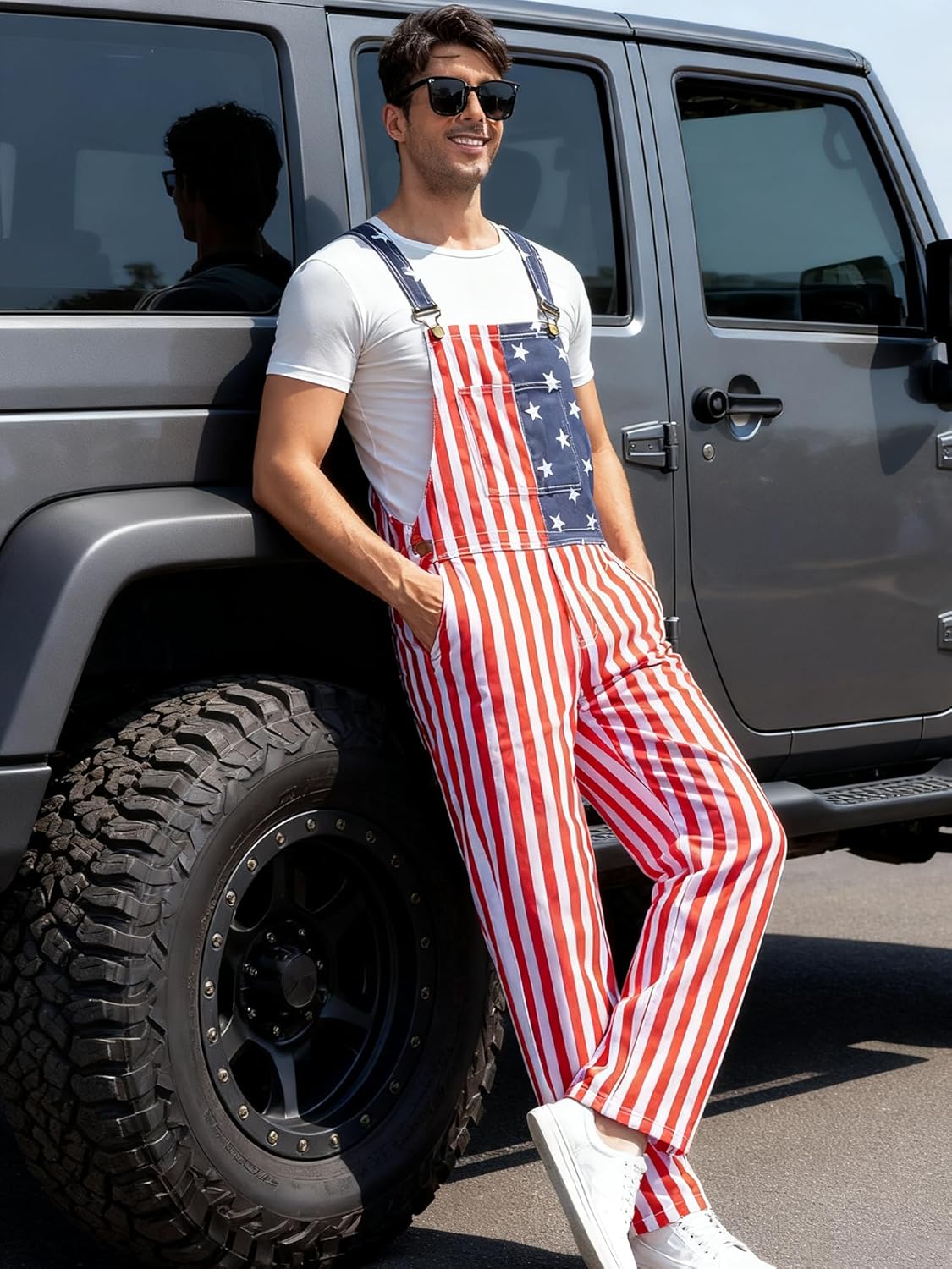 Mens American Flag Overalls Denim Bib Shorts Romper Adjustable Strap with Pockets - Image 5