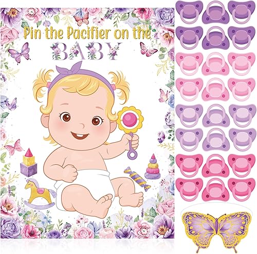 Miniatura 13 de Faccito Juego pon el chupón para baby shower Decoraciones para fiesta de baby shower Incluye póster grande 24 pegatinas de chupete Juego con venda