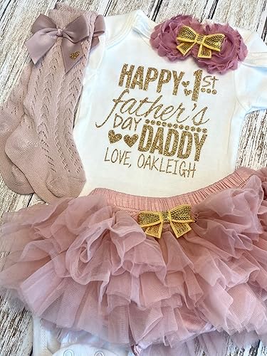Miniatura 3 de Personalized Father's Day Gift Baby Girl Outfit Custom Name My First Father's Day Optional Tutu Bloomers Headband (Dusty Rose + Gold)