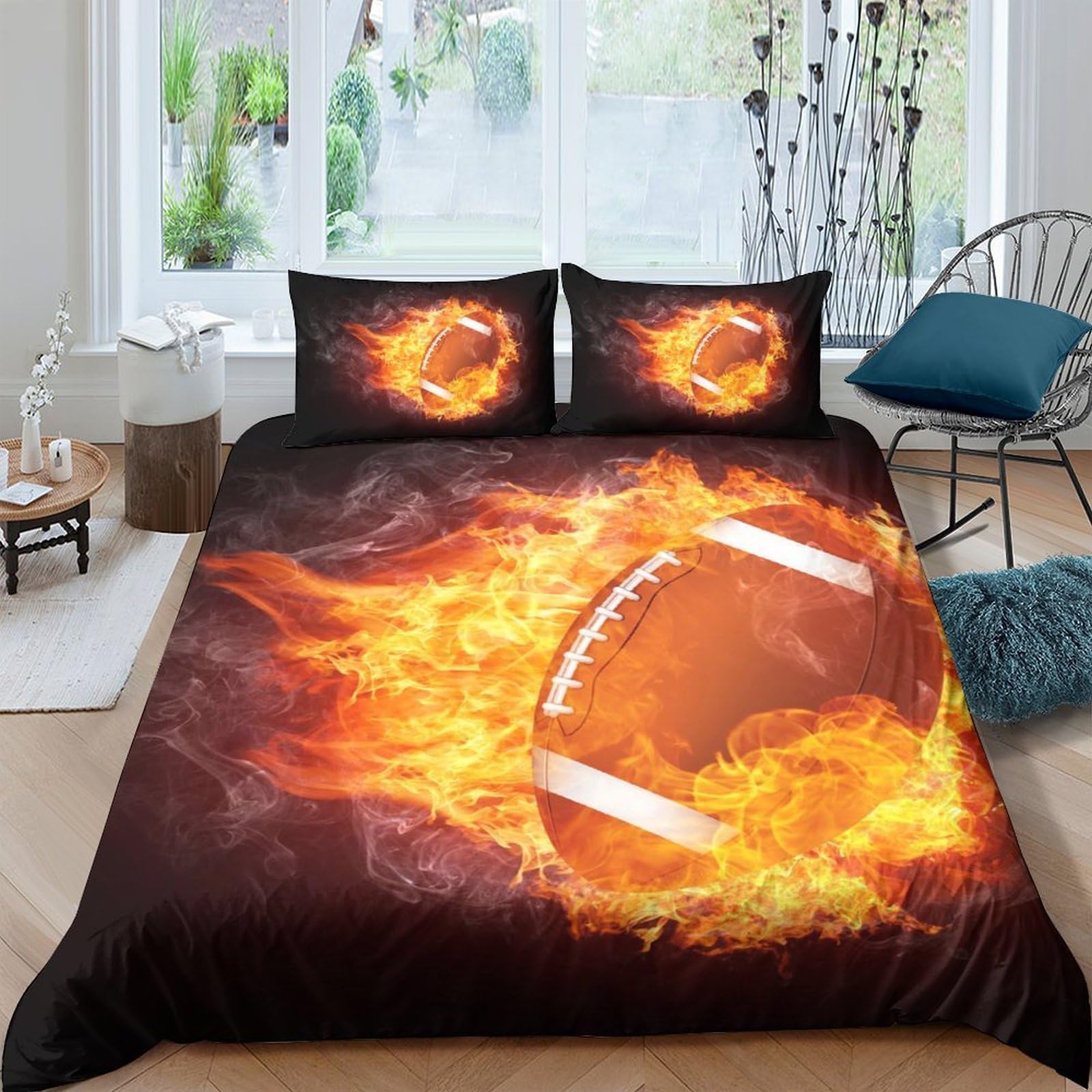 Ctjqhvkz Style-10 3D Printed Fire Football Fitted Sheet Microfiber Anti-Slip Bed Cover For Bedroom Guest Room Easy To Clean Decor Single（135X200cm）