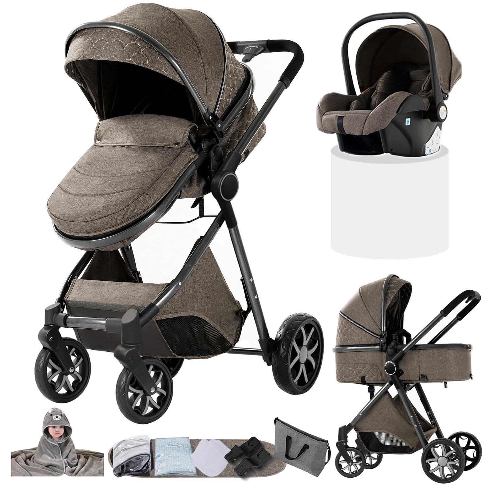 Kinderwagen 3 in 1, Kombikinderwagen 3 in 1 Komplettset mit Zwei Umkehrbaren Schiebemodi, Kinderwagen Set mit Ein-Klick-Faltdesign, Rahmen Aluminiumlegierung (YV9 Chocolate)