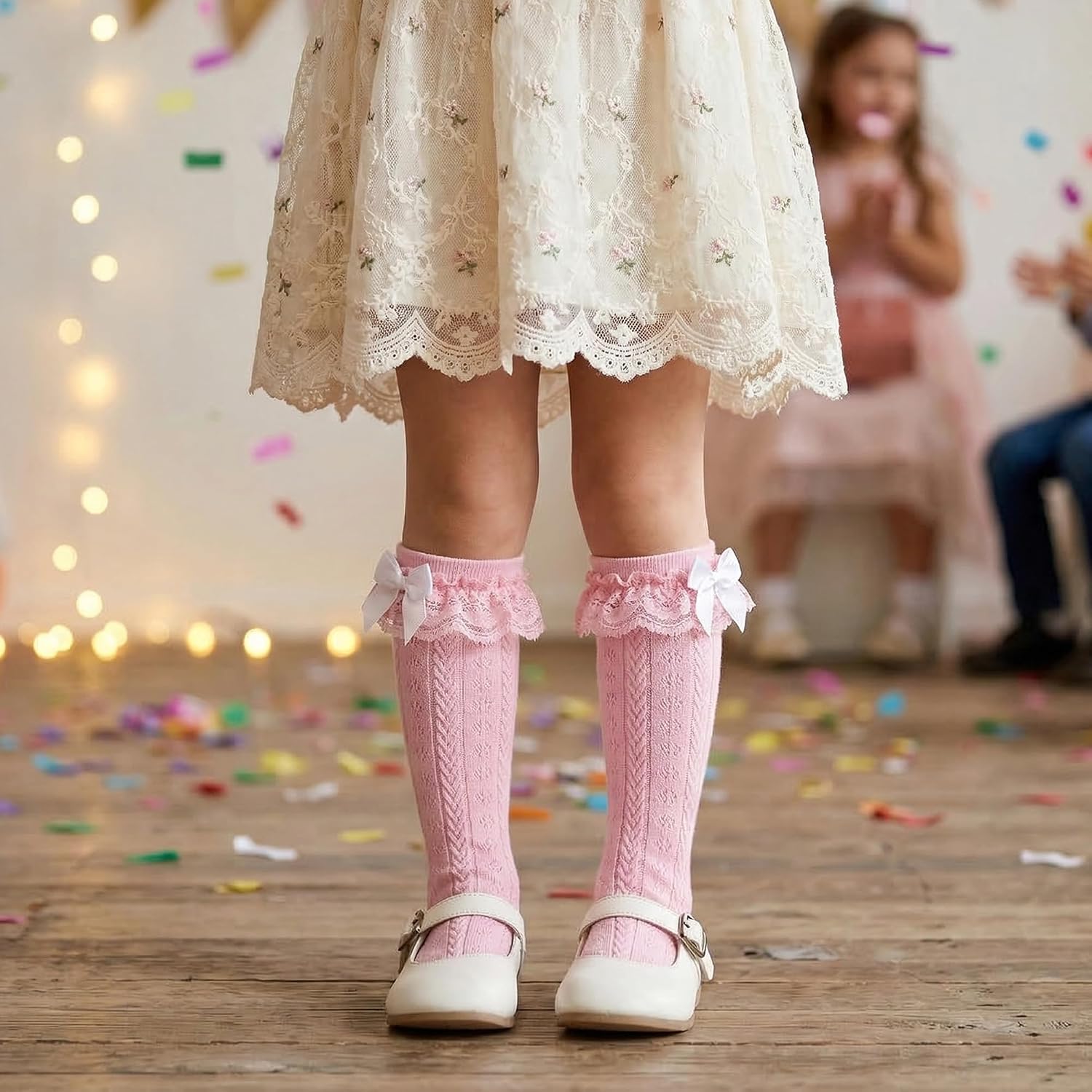 Girls Ruffle Knee High Socks, Princess Bow Lace Calf High Socks, 3 Sizes for Kids (US 7-8 Toddler to 6-8 Big Kid)