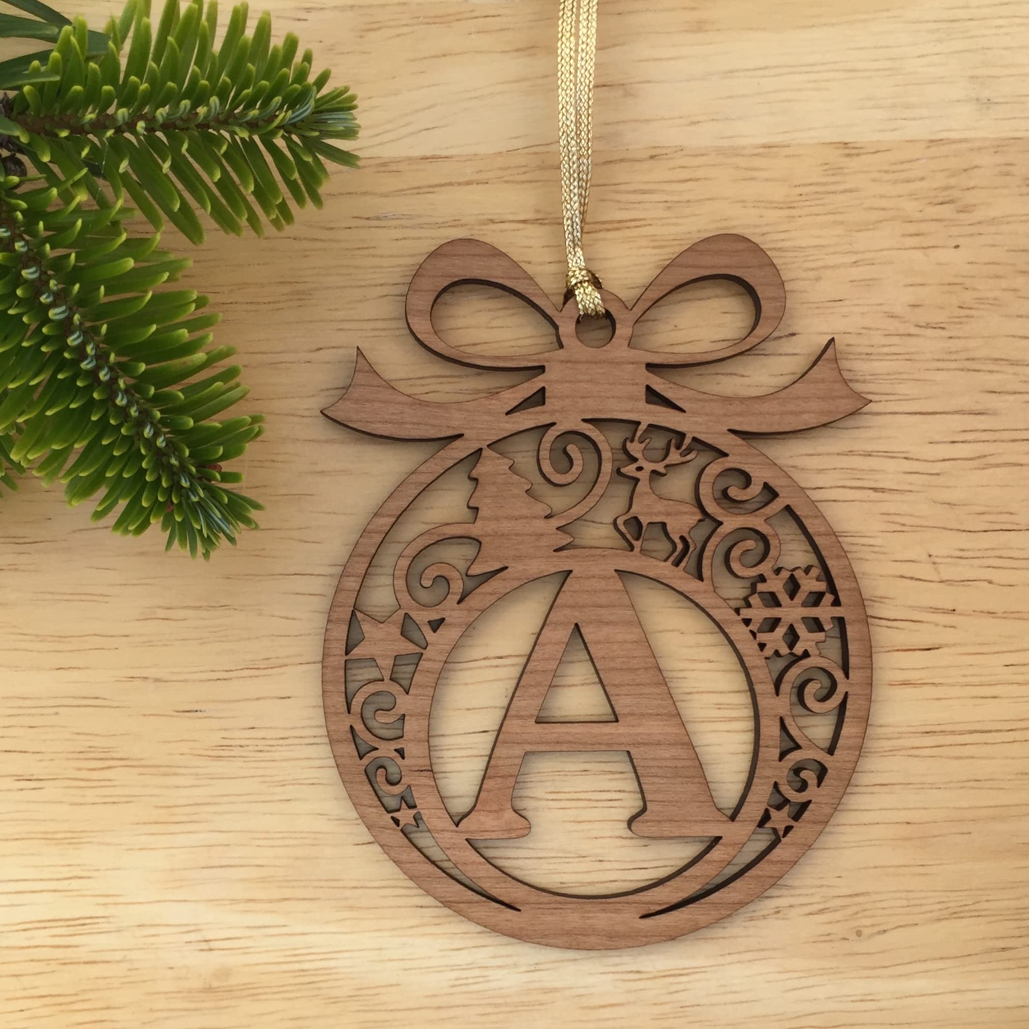 Personalised Christmas tree bauble decoration pendant ornament: Letter D, Natural Wood, Small - Image 2