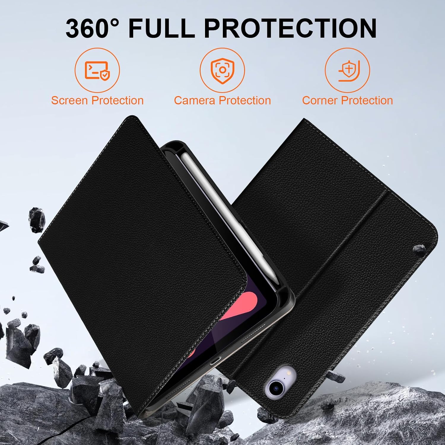 for iPad mini 7 (A17 Pro) 2024 iPad mini 6th Generation 2021 with Pencil Holder,Leather Protective Shockproof Smart Cover Adjustable Stand - Auto Wake/Sleep and Multiple View Angles, Black