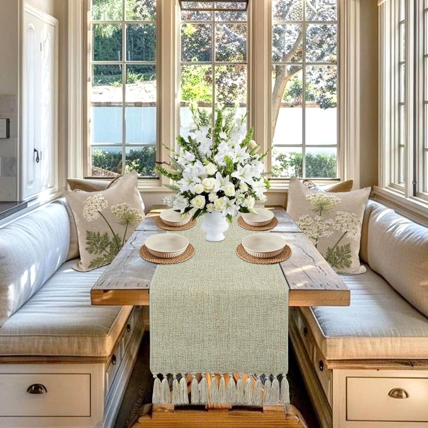 yuboo Sage Green Table Runner, Spring Coffee Table Runners 48 Inches Long, Rustic Farmhouse Short Dresser Runners for Bedroom, Dining, Breakfast Table Decor (15x55 Including Tassels) Sage Green 48 In