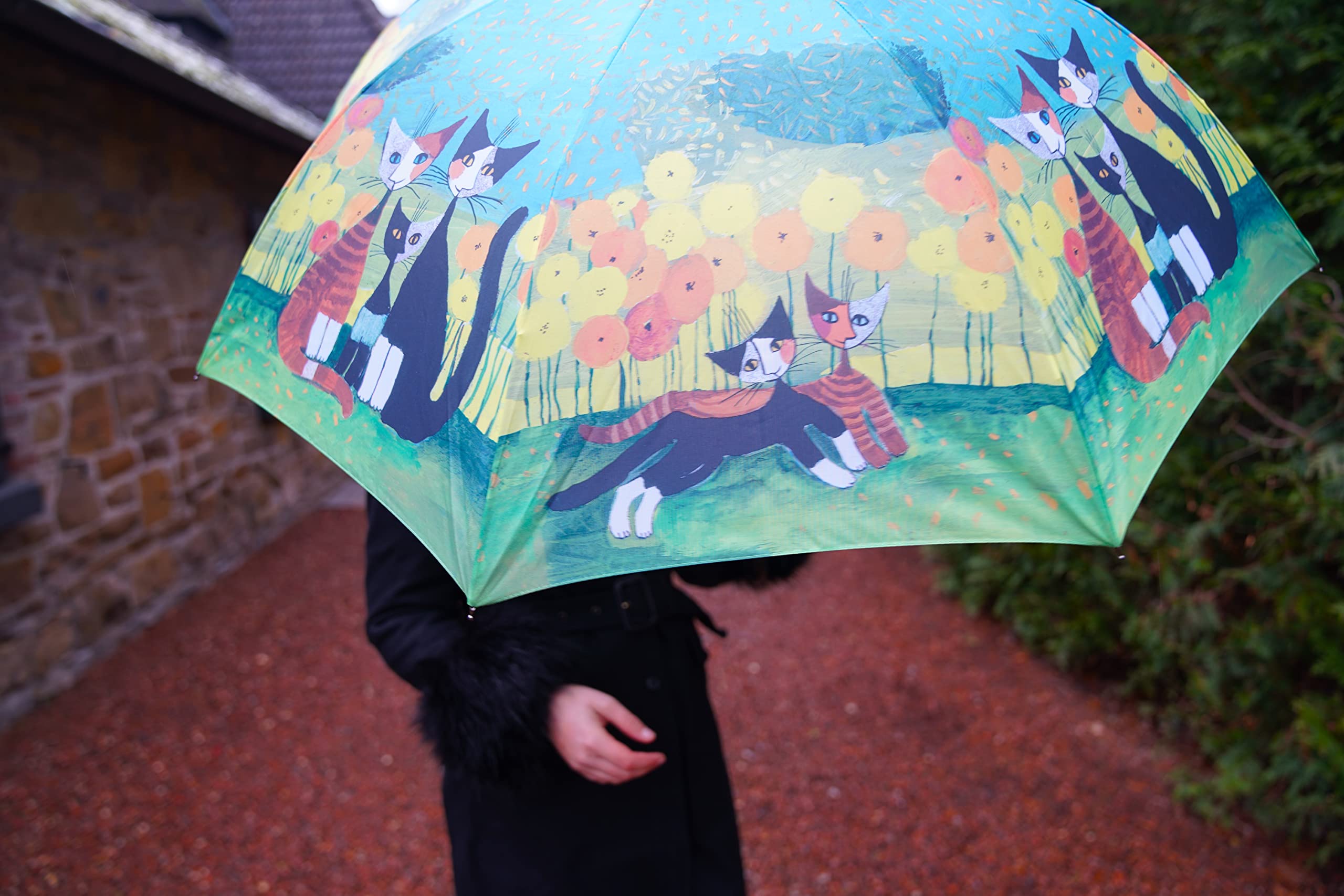 VON LILIENFELD Paraguas de Iluvia Rosina Wachtmeister: All Together Largo Clásico Automático Grande Estable Arte Gato Floral
