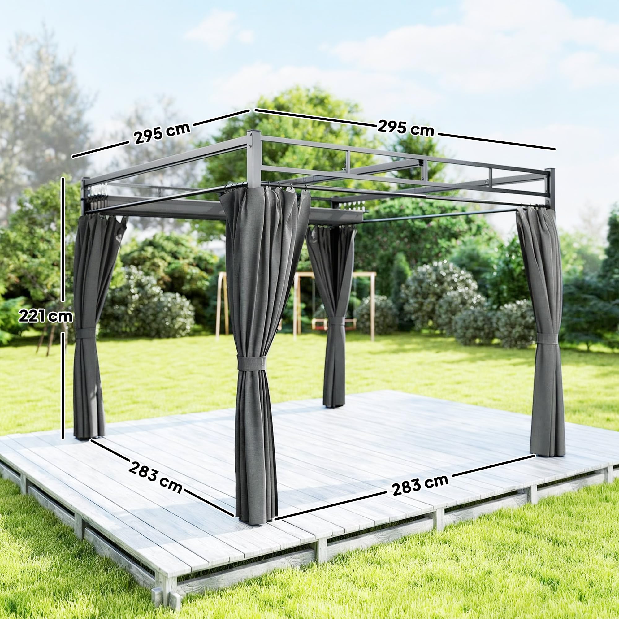 Outsunny Pérgola de Jardín 3x3 m con Techo Retráctil y 4 Cortinas, Cenador de Jardín con Protección UV30+, Impermeable, Estructura Metálica, Pabellón para Patio, Terraza, Exterior, Gris Oscuro — view 7