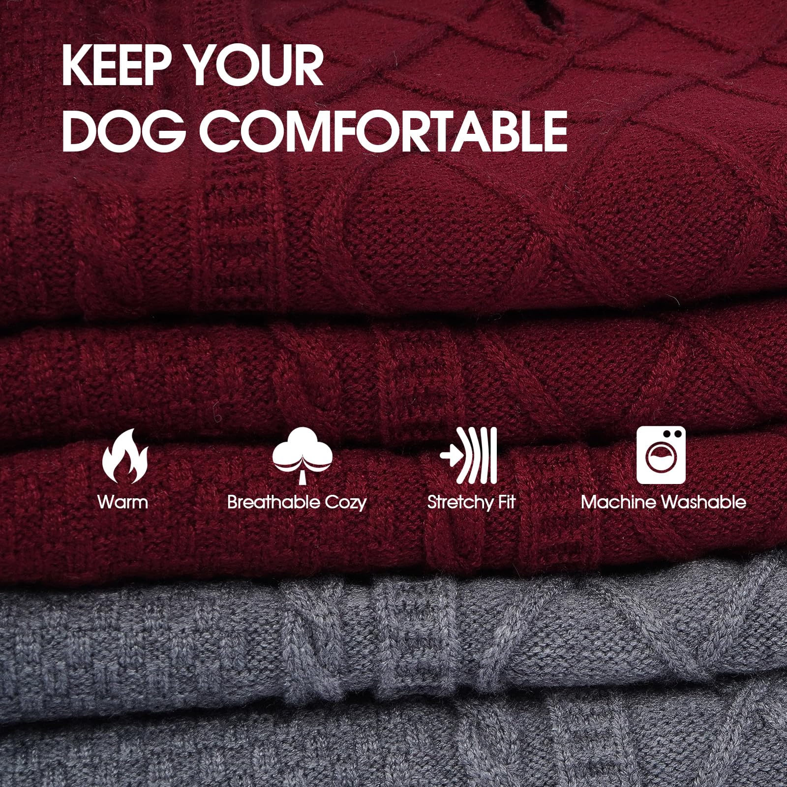 IECOii Lot de 2 pulls à col roulé confortable pour petit chien fille et garçon, chandail en tricot torsadé avec trou pour laisse, pull extensible et doux pour teckel, bordeaux et gris, taille M
