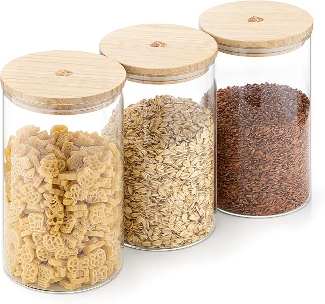 Navaris Glass Storage Jars 1L (Set of 3) - Airtight Food Containers with Wooden Bamboo Lids - Stackable Cylinder Canister Design for Kitchen Dry Goods