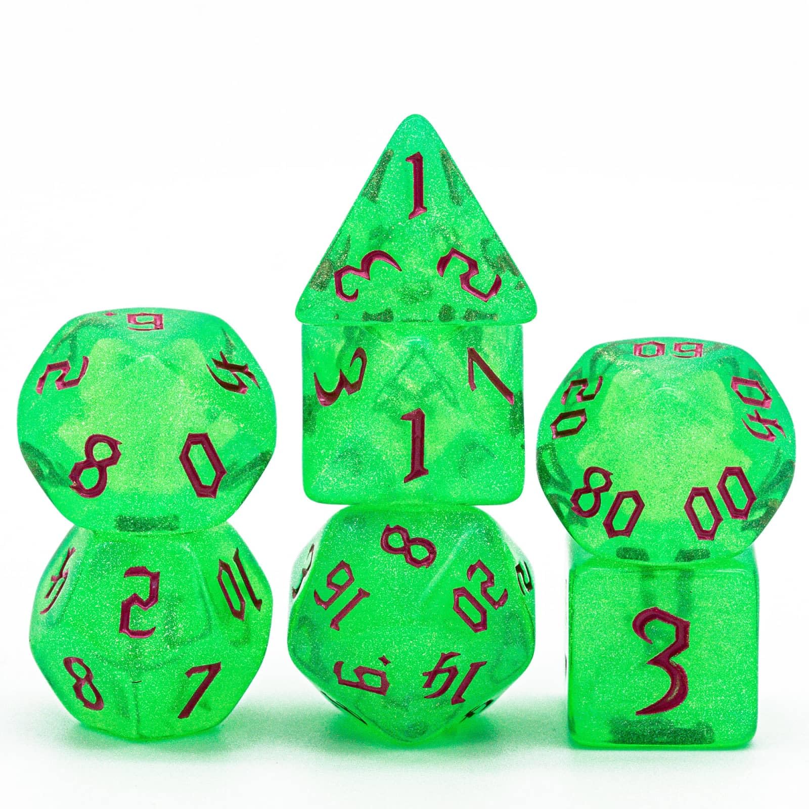 Cusdie 7Pcs/Set DND Dice Set D&D Polyhedral Dice for Dungeons and Dragons TTRPG Role Playing Dice Games RPGs (Green with Sickle Font)