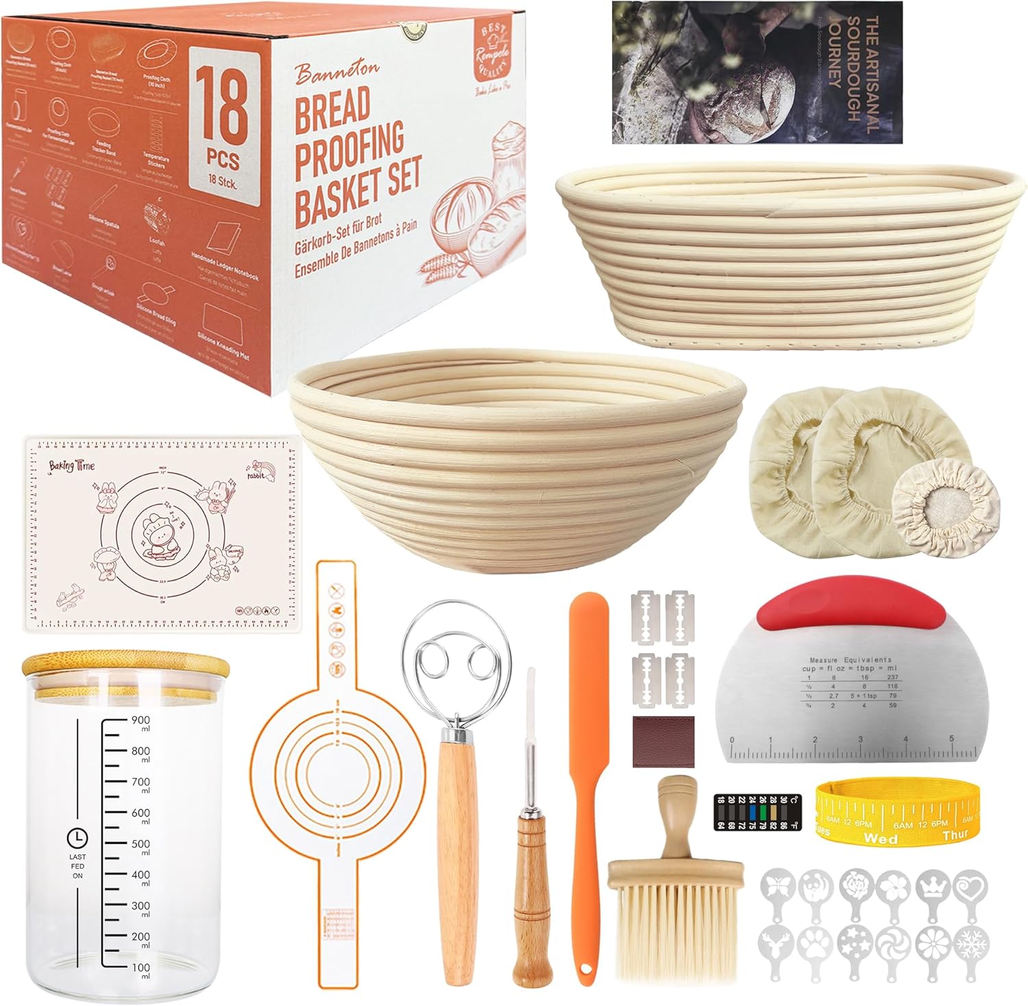 18-Piece Sourdough Starter Kit – Banneton Bread Proofing Basket Set with Round & Oval Sourdough Basket, Sourdough Bread Baking Supplies, Proofing Basket, Bread Basket, Whisk, Lame, Jar & Liners