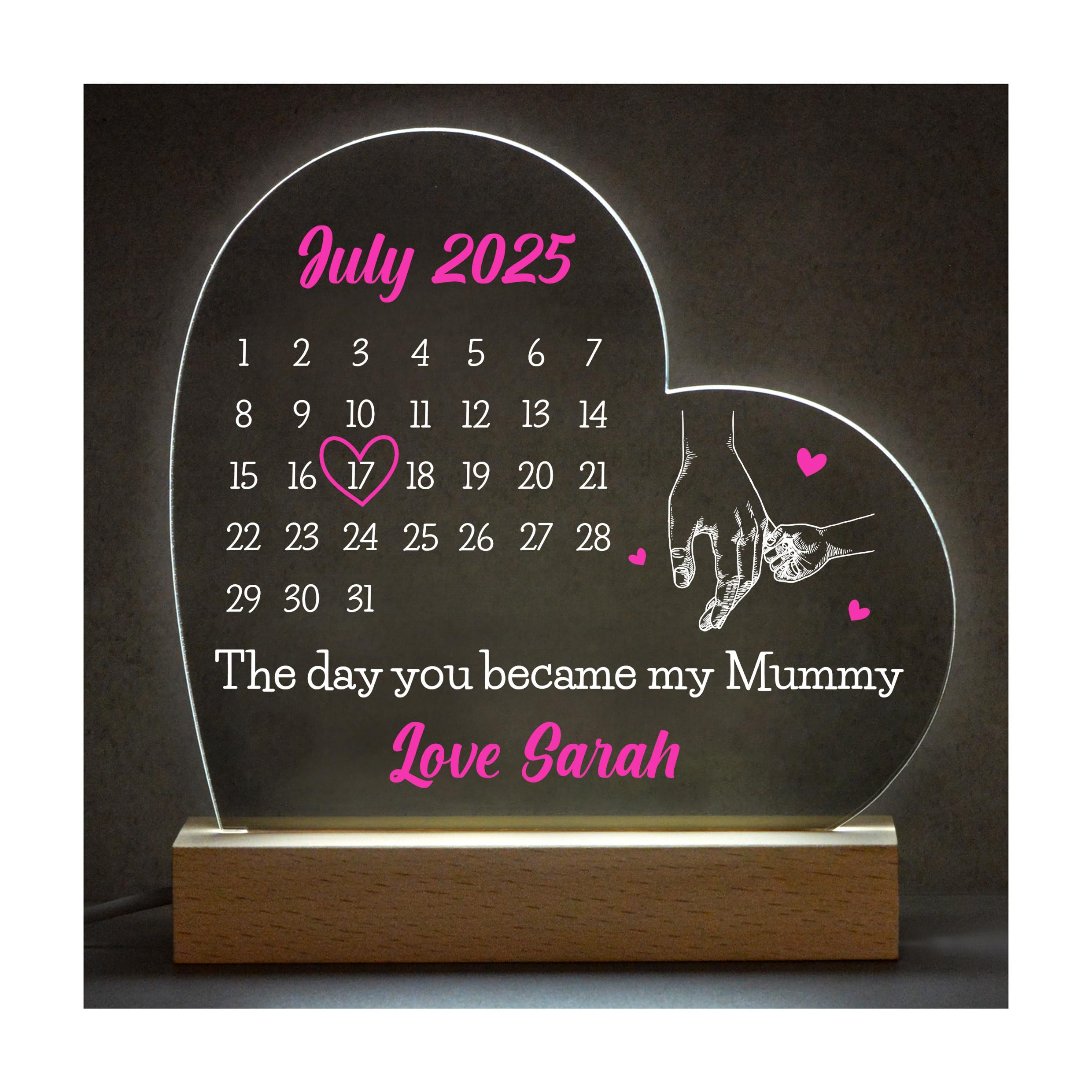 Beecreative Personalised The Day You Became My Mummy Light Gift for Her, Unique Mummy Gifts from Baby Son Daughter, Printed Acrylic Heart Light for Mothers Day Birthday