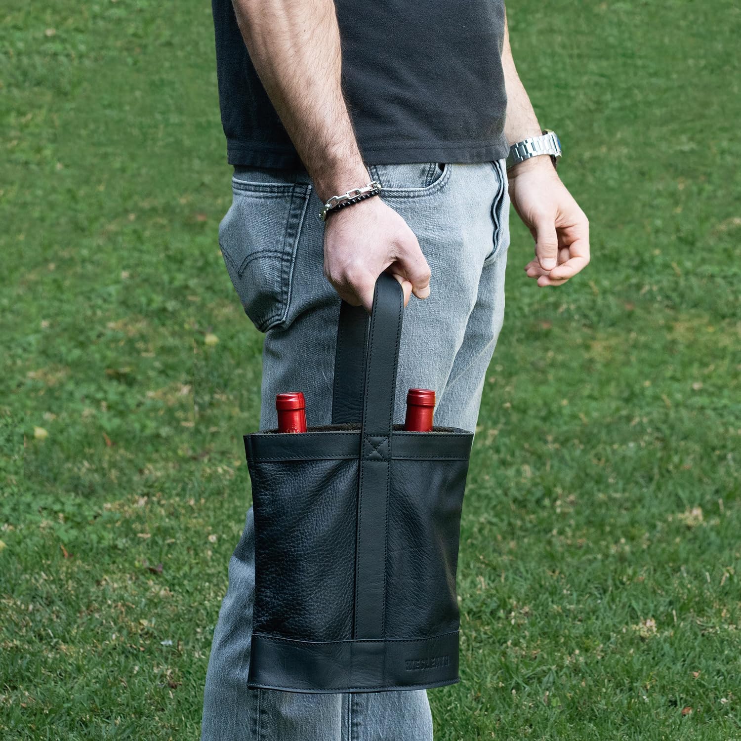 Double Wine Carrier Bag – Leather Wine Tote for Two Bottles with Handle – Protective Carrier for Picnic, Wine Champagne Gift Bag (Black)