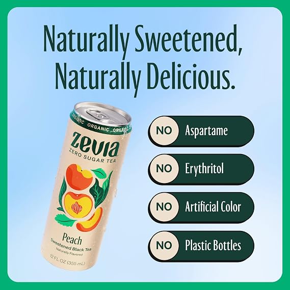 Zevia Zero Sugar Tea, Black Tea with Peach, 12 oz Cans (12-Pack) Naturally Sweetened, Zero Calorie Sugar Free - Non-GMO Project Verified, Gluten-Free, Vegan
