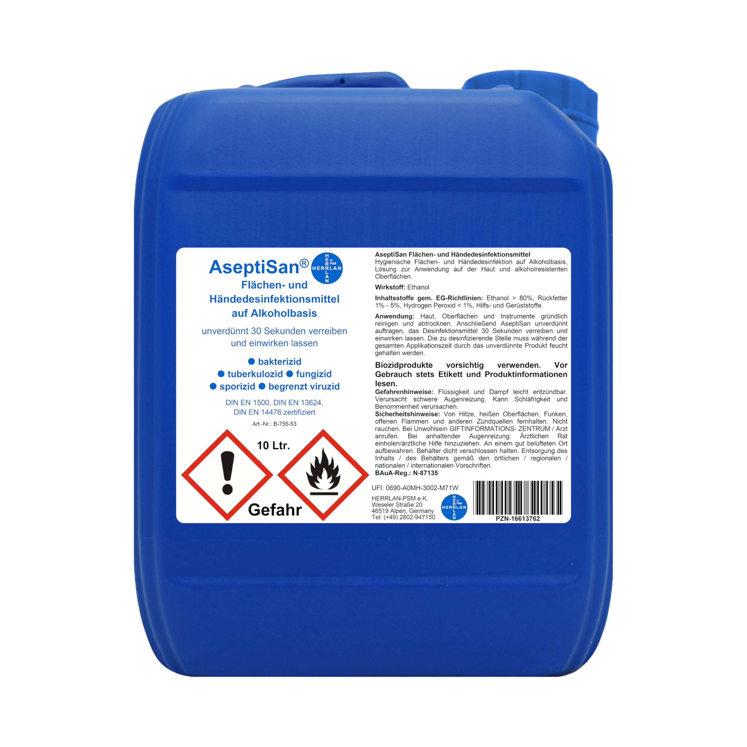 Desinfektionsmittel AseptiSan - 1 x 10 Ltr. Kanister I Flächen- und Händedesinfektionsmittel I Pharmazentralnummer-16613762 I HERRLAN Qualität I Made in Germany