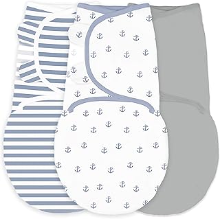 Amazing Baby by Swaddledesigns, Set de 3 Mantas Ajustables Para Bebé, Anclas Pequeñas, Rayas y Sólido, Mezclilla, Gris, Pequeño, 0-3 Meses