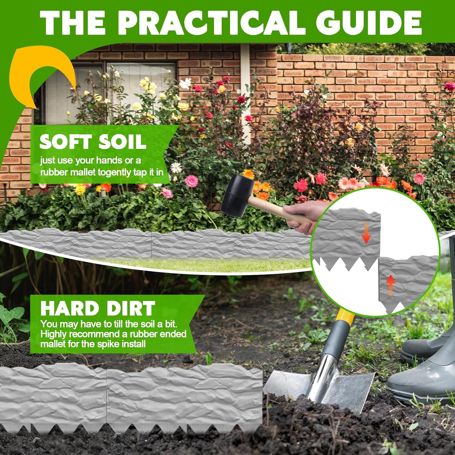 20Pcs Garden Edging Border, 21Ft Marbled Design Garden Landscape Edging Borders with 20 Pcs Stakes, Plastic Garden Fence Lawn Edging Border for Flower Bed, Yard, Patio, and Pathway Landscaping