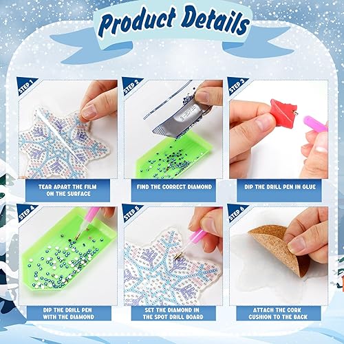 Miniatura 6 de Juego de 10 posavasos de pintura de diamante 5D con copos de nieve, acrílico de invierno, posavasos de diamantes de copo de nieve con soporte base