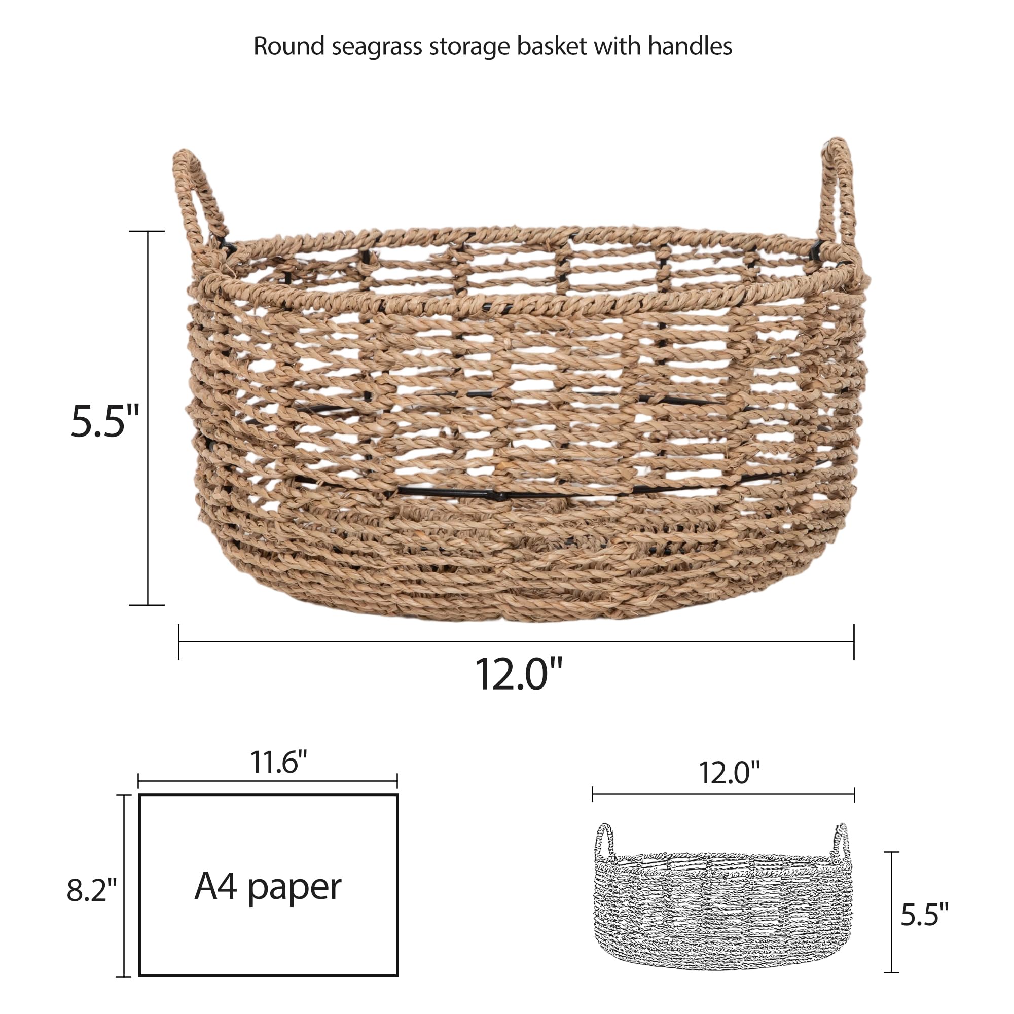 Panier de rangement rond fabriqué en jonc de mer avec poignées (30,5 cm de profondeur x 14 cm de hauteur)