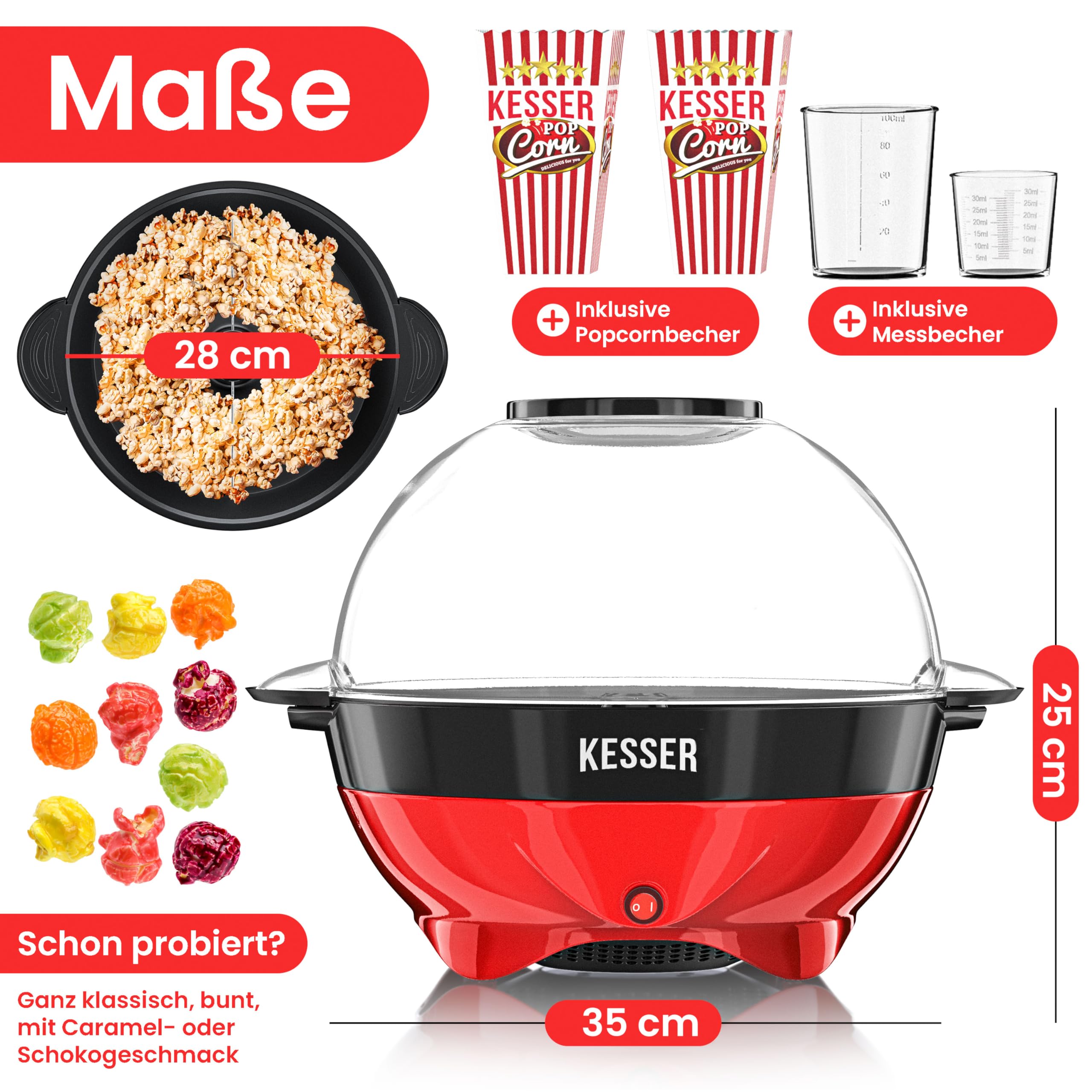 KESSER® Popcornmaschine Groß 800W | Popcorn-Maker 5,5l Inhalt mit Antihaftbeschichtung Deckel & Servierschale | für Öl Butter Zucker Stille & Schnelle inkl. Mess-&Popcornbecher abnehmbarer Heizfläche