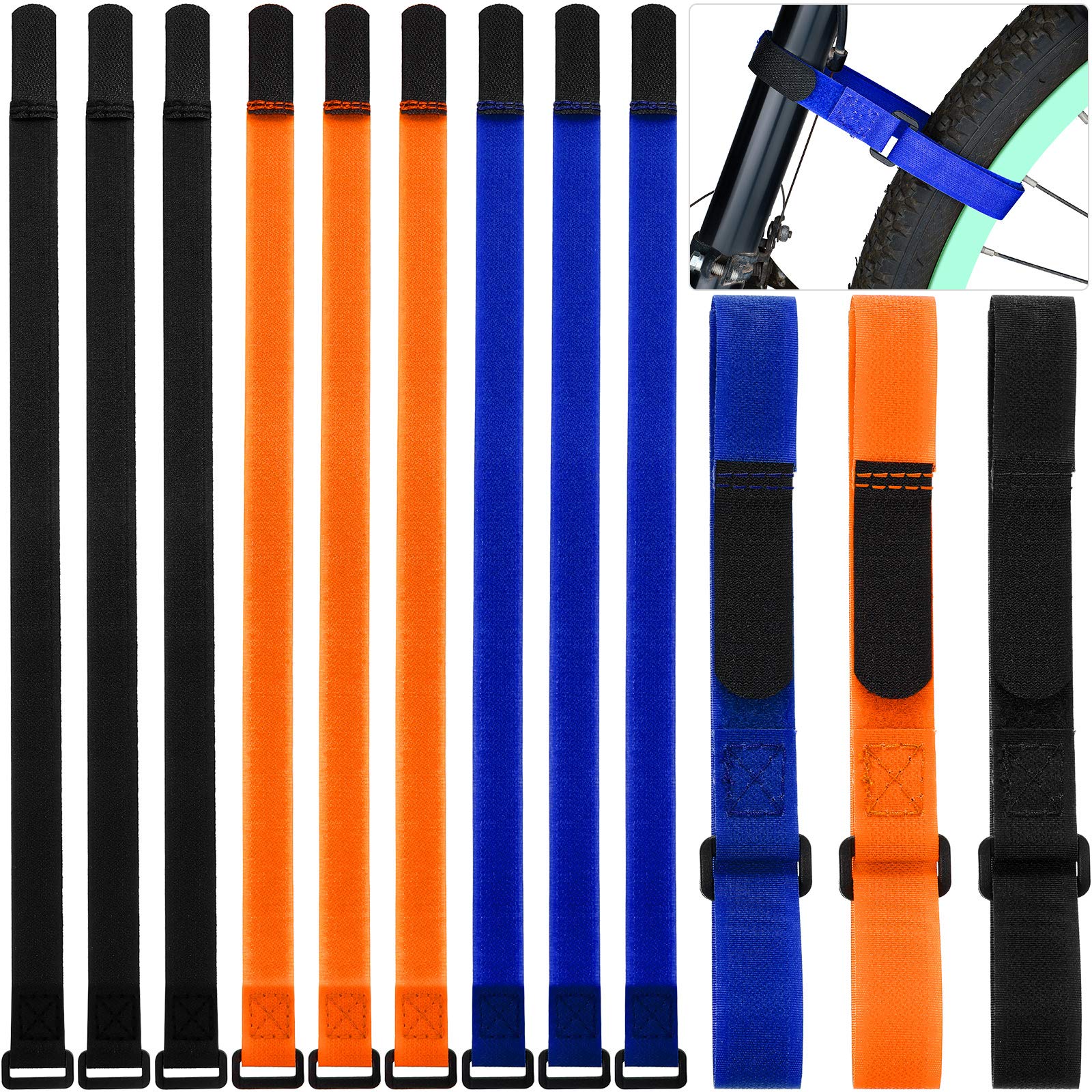 Photo 1 of 12 Pieces Bike Rack Straps 23.6 Inches Adjustable Bike Cinch Straps Wheel Stabilizer Bicycle Accessories for Transporting Bicycles(Black, Orange, Blue)