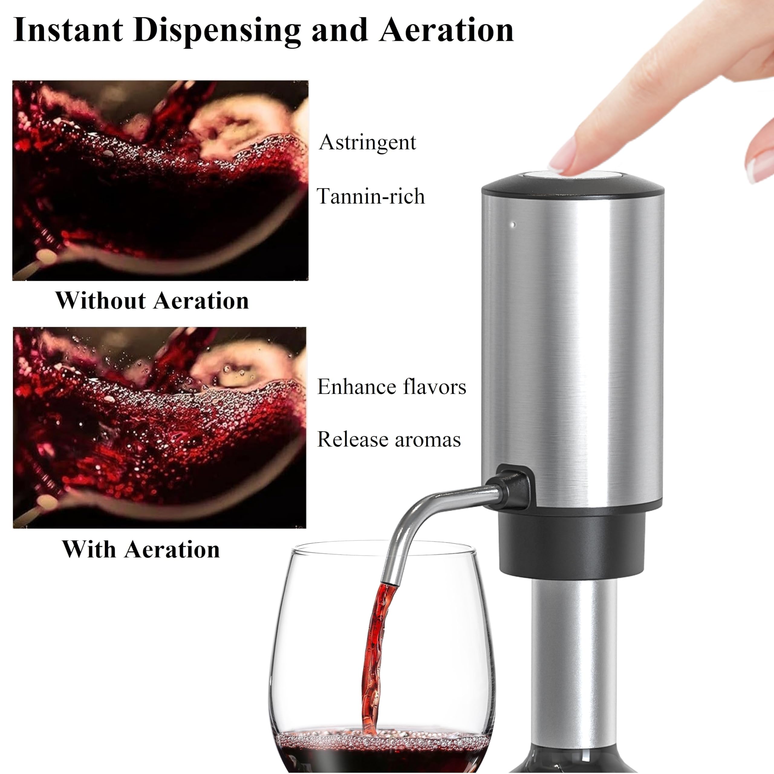 Decantador de vino eléctrico, aireador de vino recargable, vertedor de vino y regalos de vino para amantes del vino, acero inoxidable, recargable