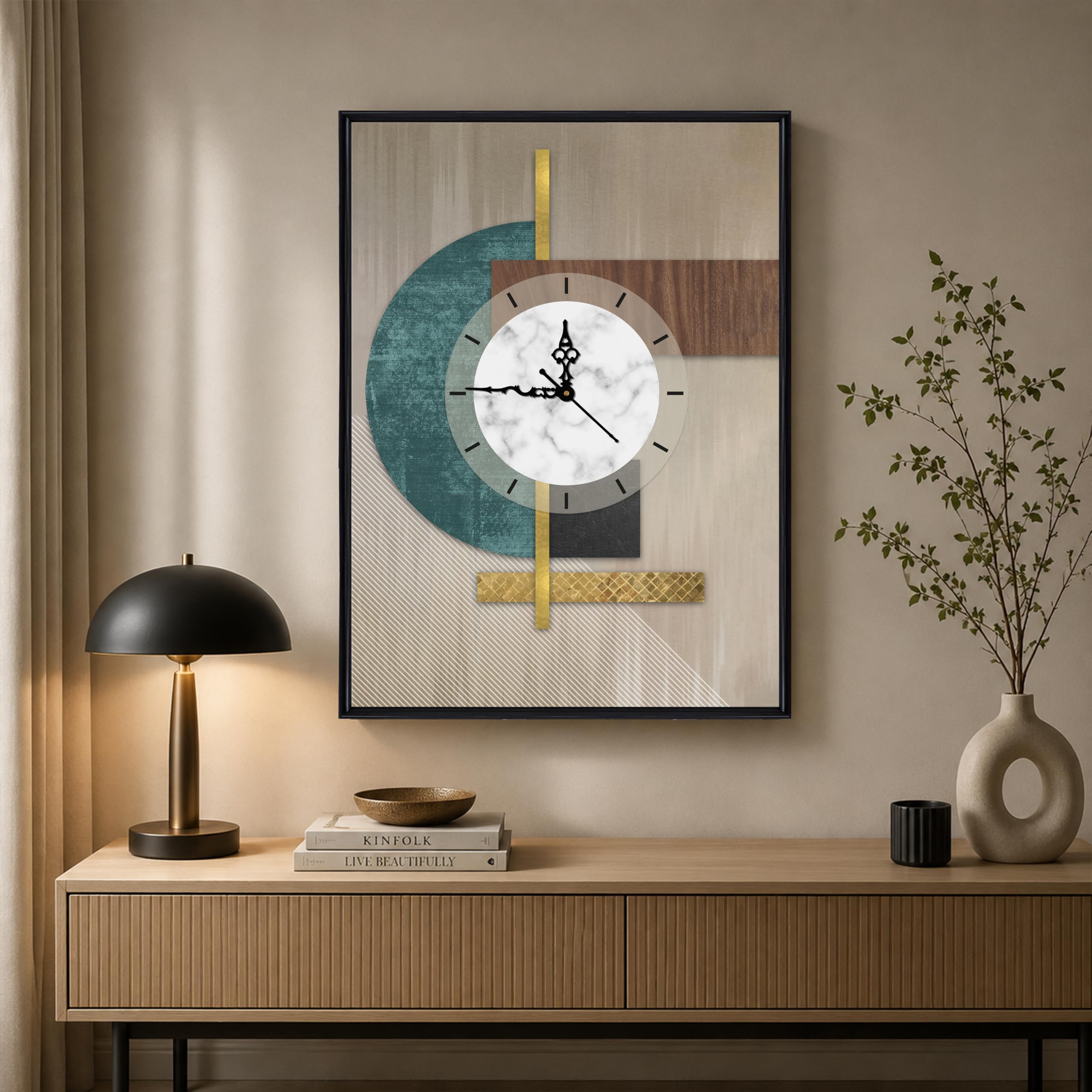 PAINTINGMANTRA Portrait Abstract Geometric Multicolor Framed Canvas Wall Art with Clock | Painting with Clock | for Living Room, Bedroom, Hallway, Office 43x58 cm-image-26