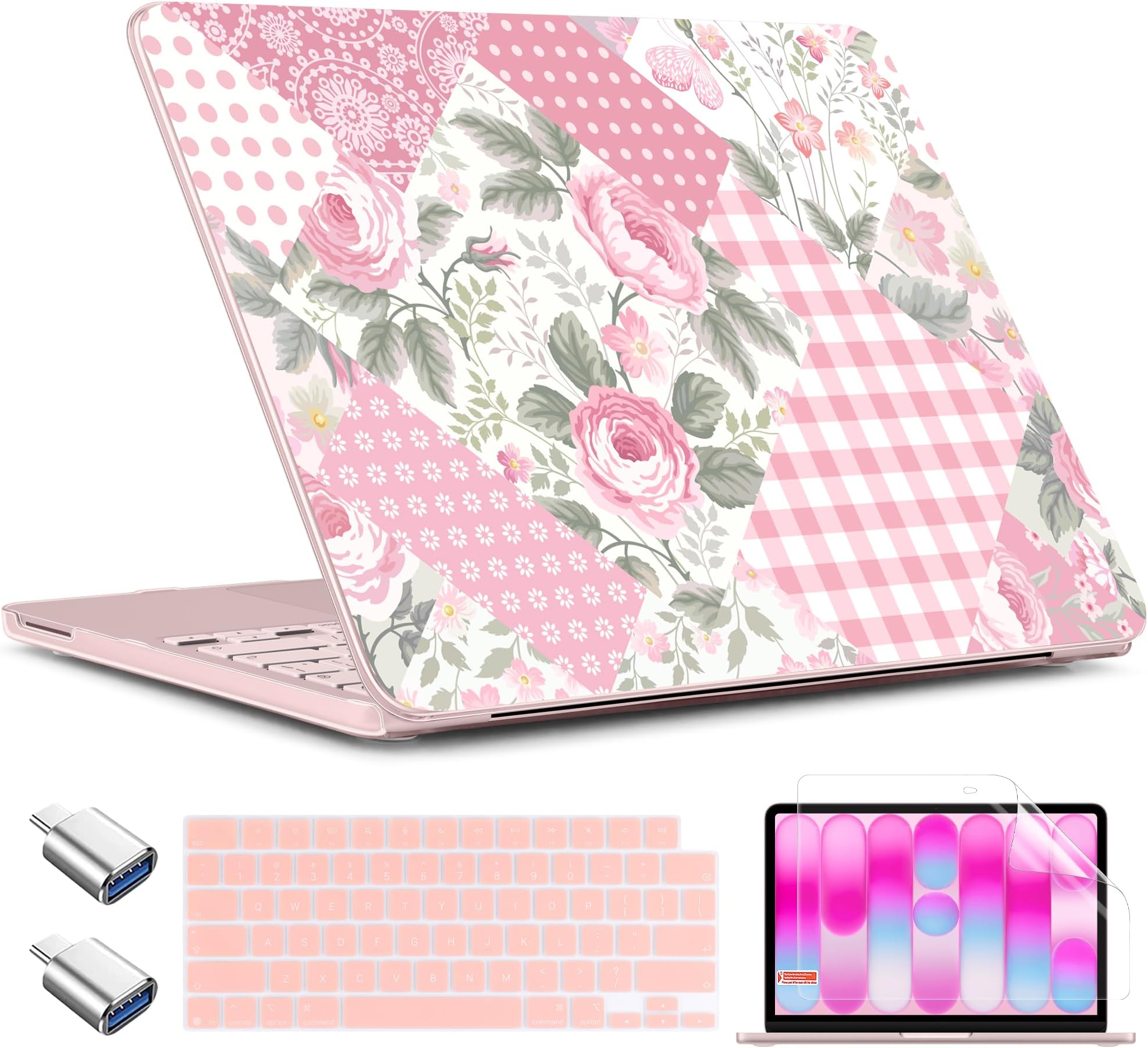 TWOLSKOO for MacBook Neo 13 inch Case 2026 A3404 A18 Pro Chip, Plastic Hard Shell Pattern Case with Type C Adapter, 2 Webcam Covers, Keyboard Cover & Screen Protector, Gingham Patchwork