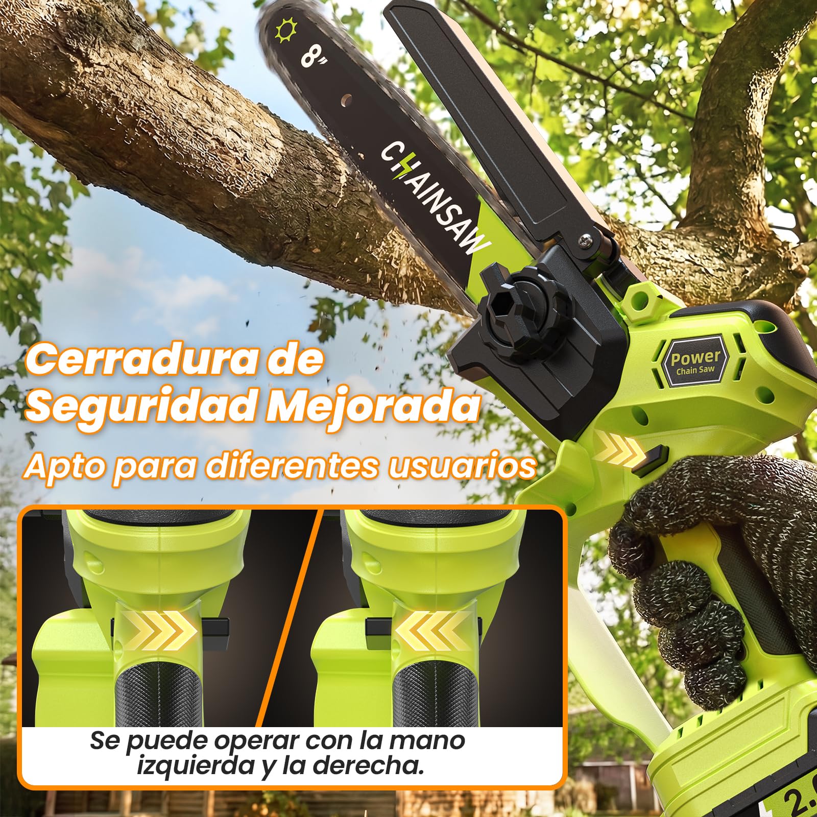 Mini Motosierra Bateria, Motosierra Eléctrica 8 Pulgadas 1300W Sin Escobillas 2*2000mAh Baterías, Lubricación Automática, Ajuste sin Herramientas, Motosierra de Mano para Podar Árboles de Jardinería