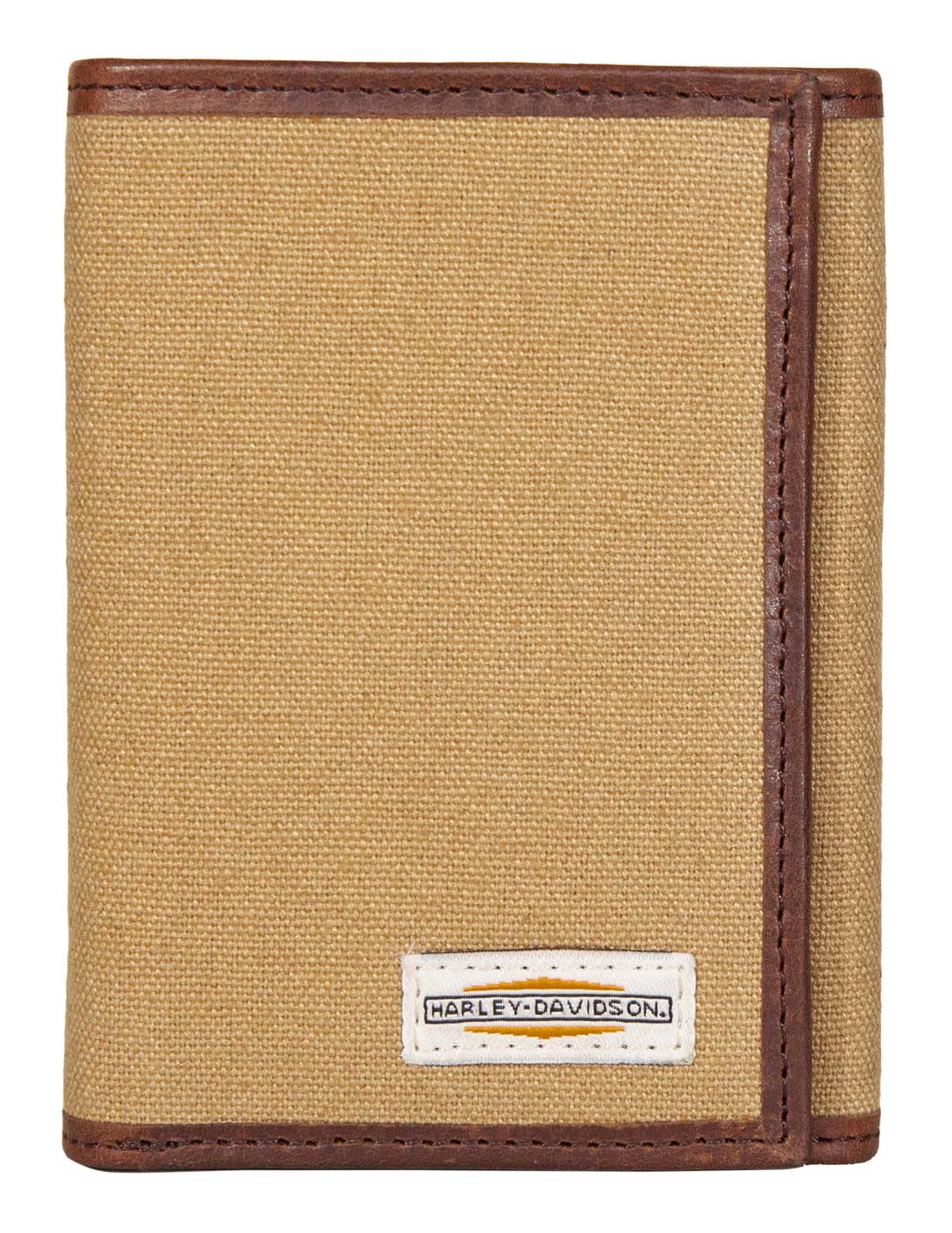 Harley-Davidson Men's Patch Cotton Canvas & Leather Tri-Fold RFID Wallet - Khaki