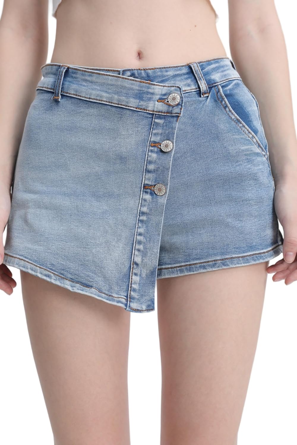 Women's Denim Skort High Waisted Asymmetrical Button Distressed Hem Stretch Skirt Shorts