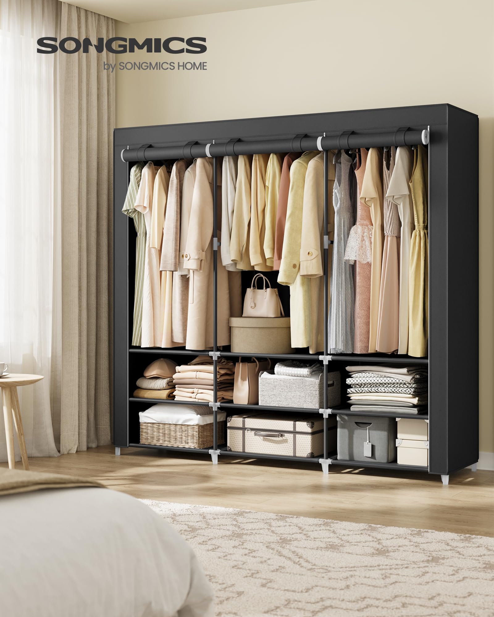SONGMICS Stoffschrank, Kleiderschrank, 45 x 188 x 176 cm, 3 Hängefächer, mit Ablagen, 4 Seitentaschen, viel Platz, für Schlafzimmer, Wohnzimmer, schwarz RYG009B01