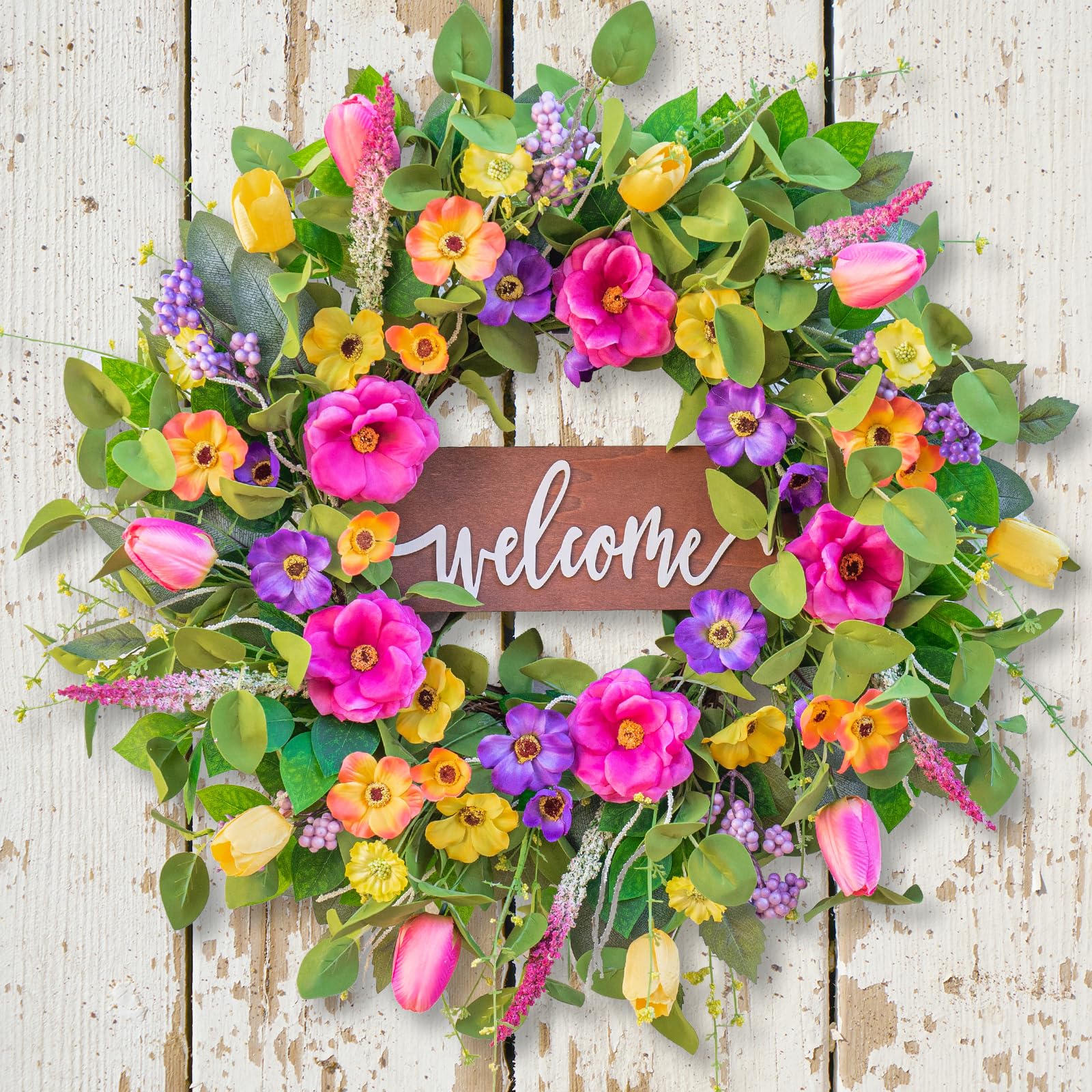 Pinkpuii Spring Wreaths for Front Door Outside – 24 Inch Artificial Tulip & Wildflower Summer Wreath with Green Eucalyptus Leaves and Welcome Sign- Indoor Outdoor Farmhouse Home Porch Wall Decor