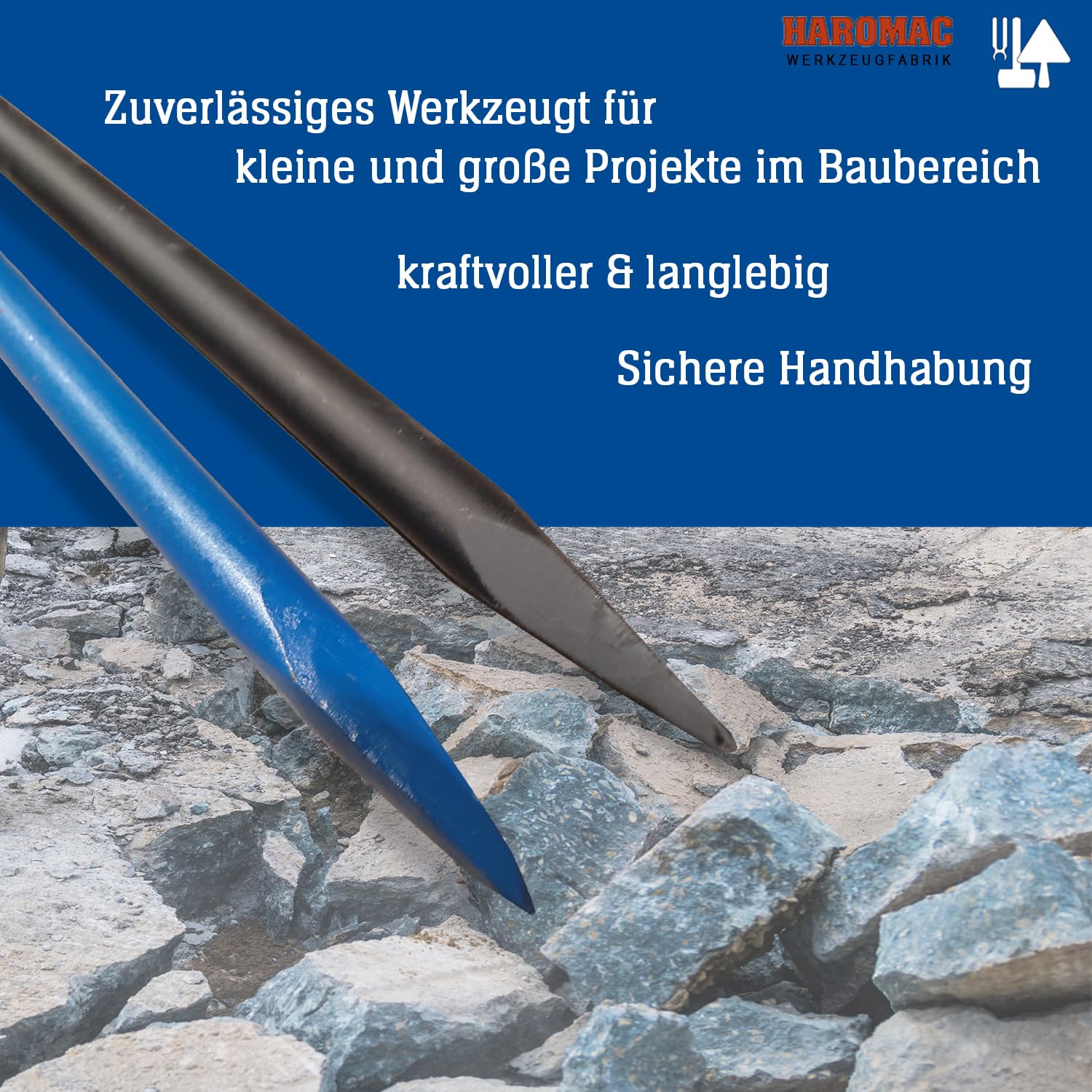 HAROMAC Brechstange doppelseitig mit Spitzmeißel & Nageleisen-Kuhfuß, Hebeleisen lang 125x3cm, gehärterter C45 Stahl, Abbruchwerkzeug für Abrissarbeiten, Brecheisen für schweren & harten Materialien